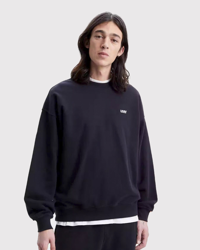 Felpa nera girocollo relaxed fit con logo piccolo ricamato