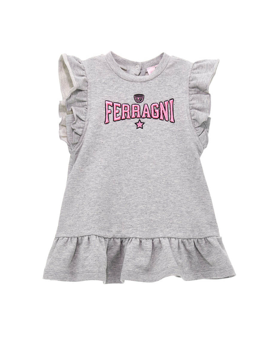 Abito grigio in felpa smanicato con scritta logo rosa e rouches 2-3 anni
