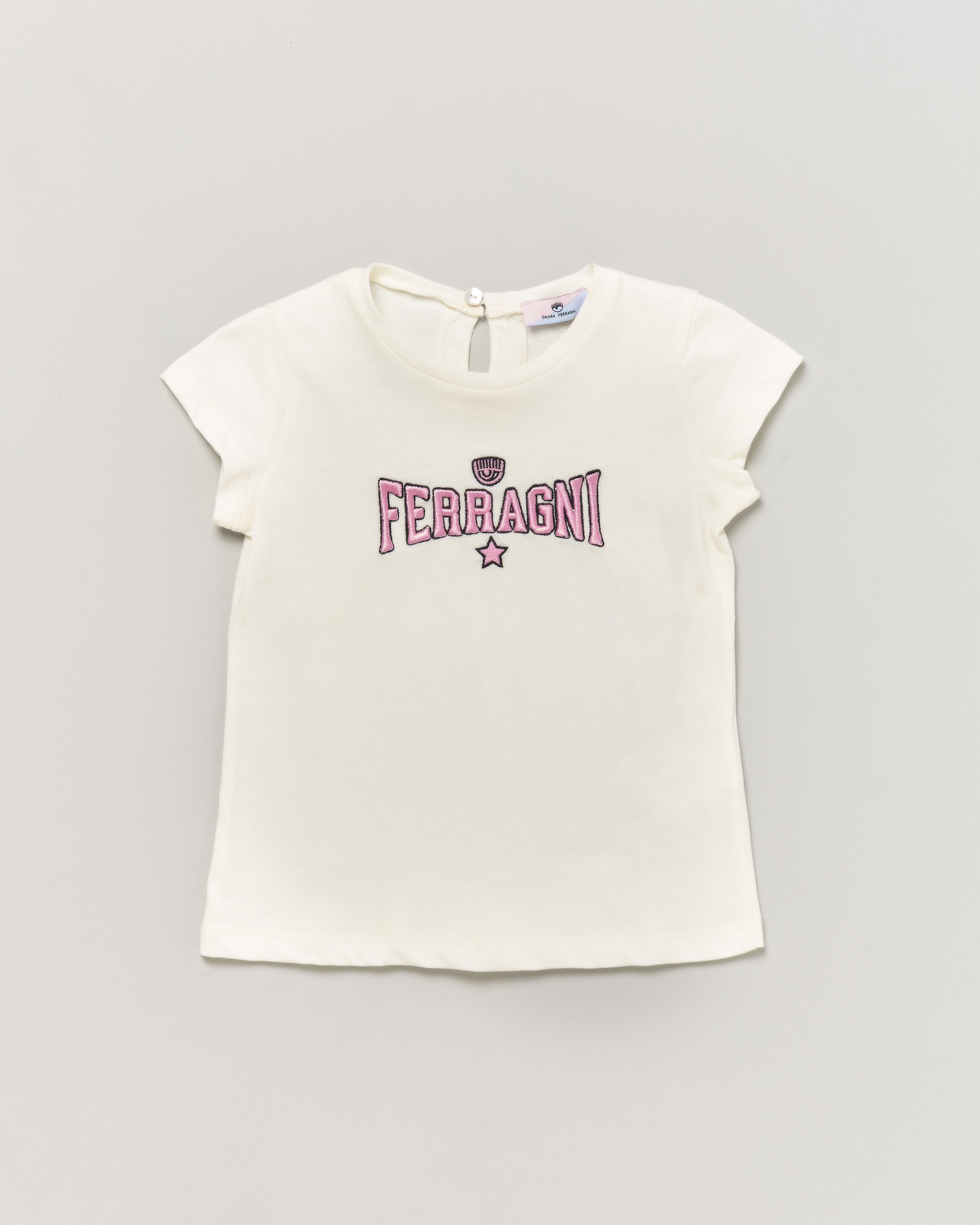 T-shirt bianca mezza manica in puro cotone con scritta logo fucsia