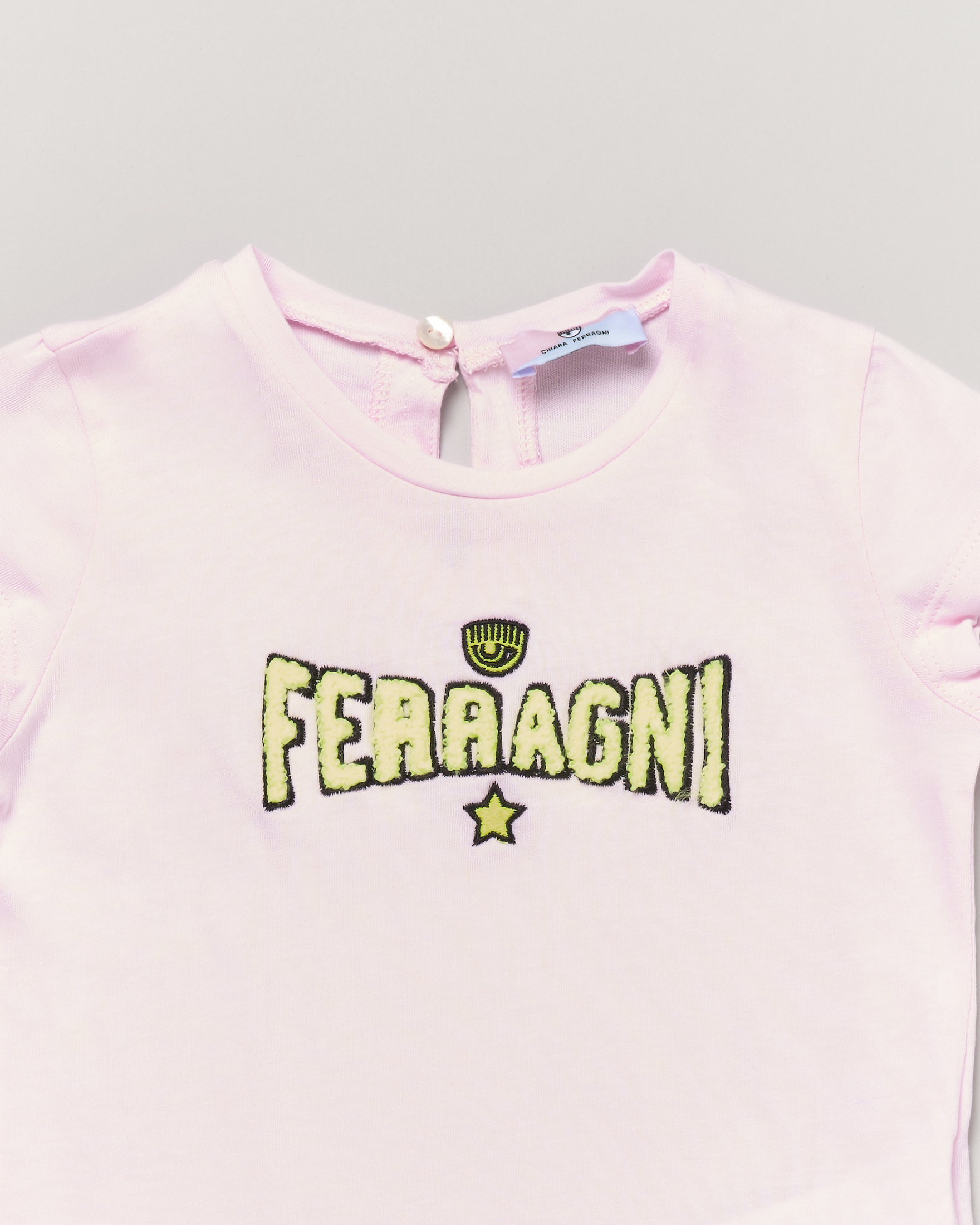 T-shirt rosa mezza manica in puro cotone con scritta logo gialla in spugna 12-36 mesi image