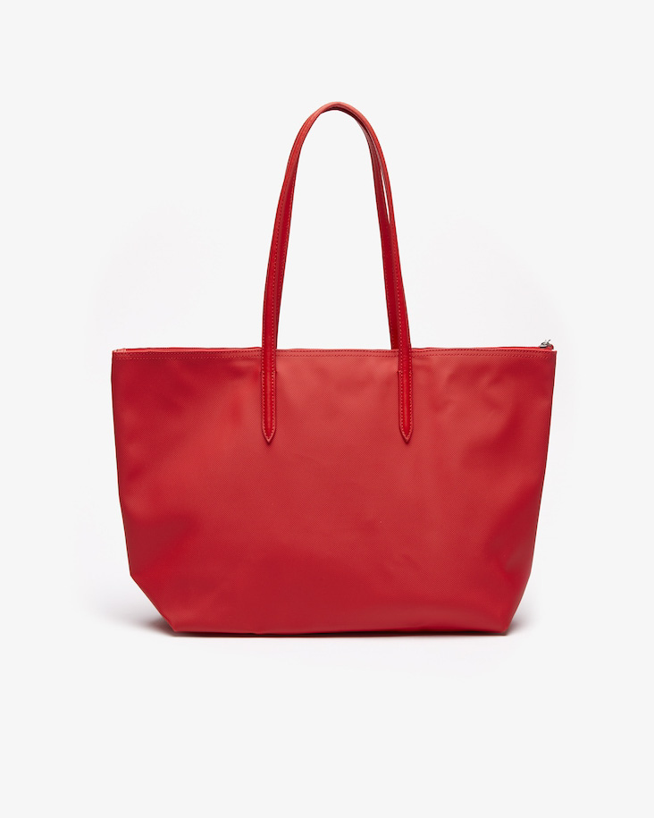 Shopping bag rossa misura grande in tela pique con logo coccodrillo ricamato