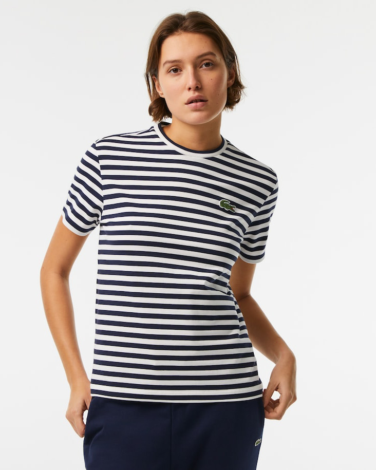T shirt in cotone a righe bianche e blu con maniche corte con maxi logo cucito