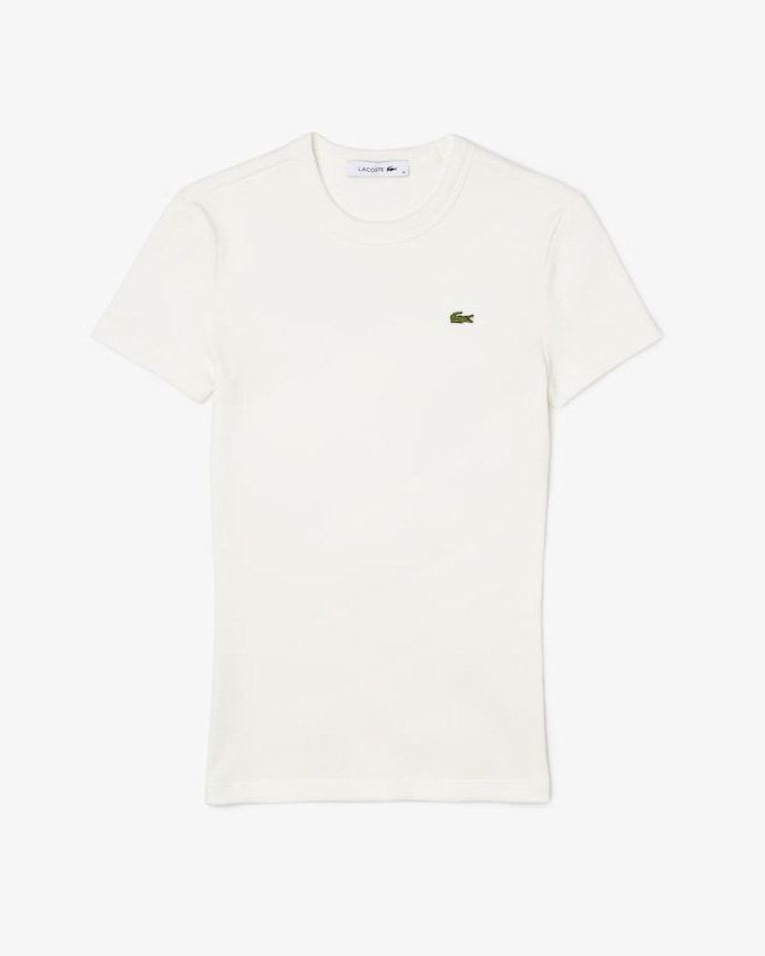 T-shirt girocollo color avorio in cotone a costine con logo verde ricamato sul petto