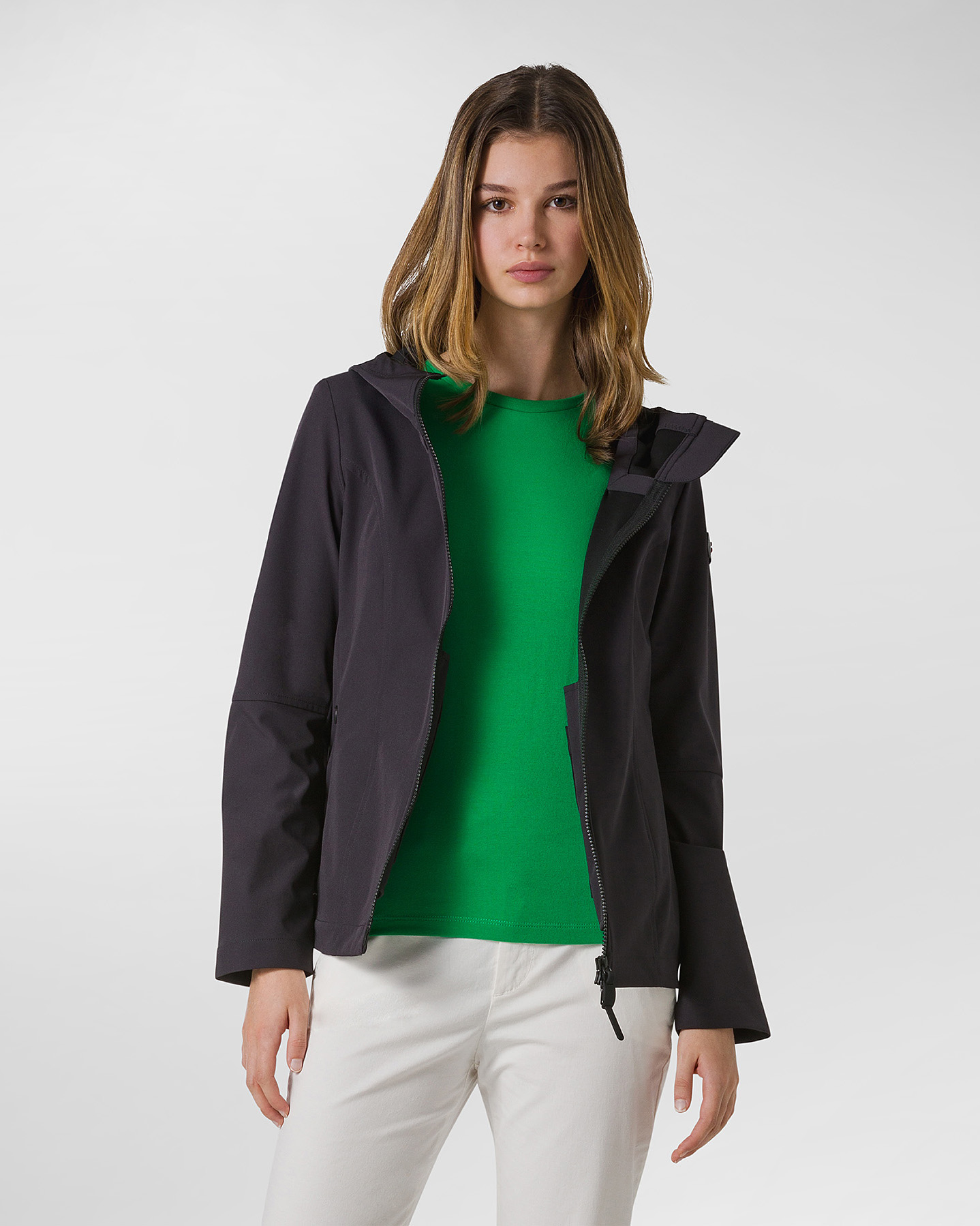 Giubbino blu slim fit in tela di nylon elasticizzato effetto semi lucido con cappuccio image