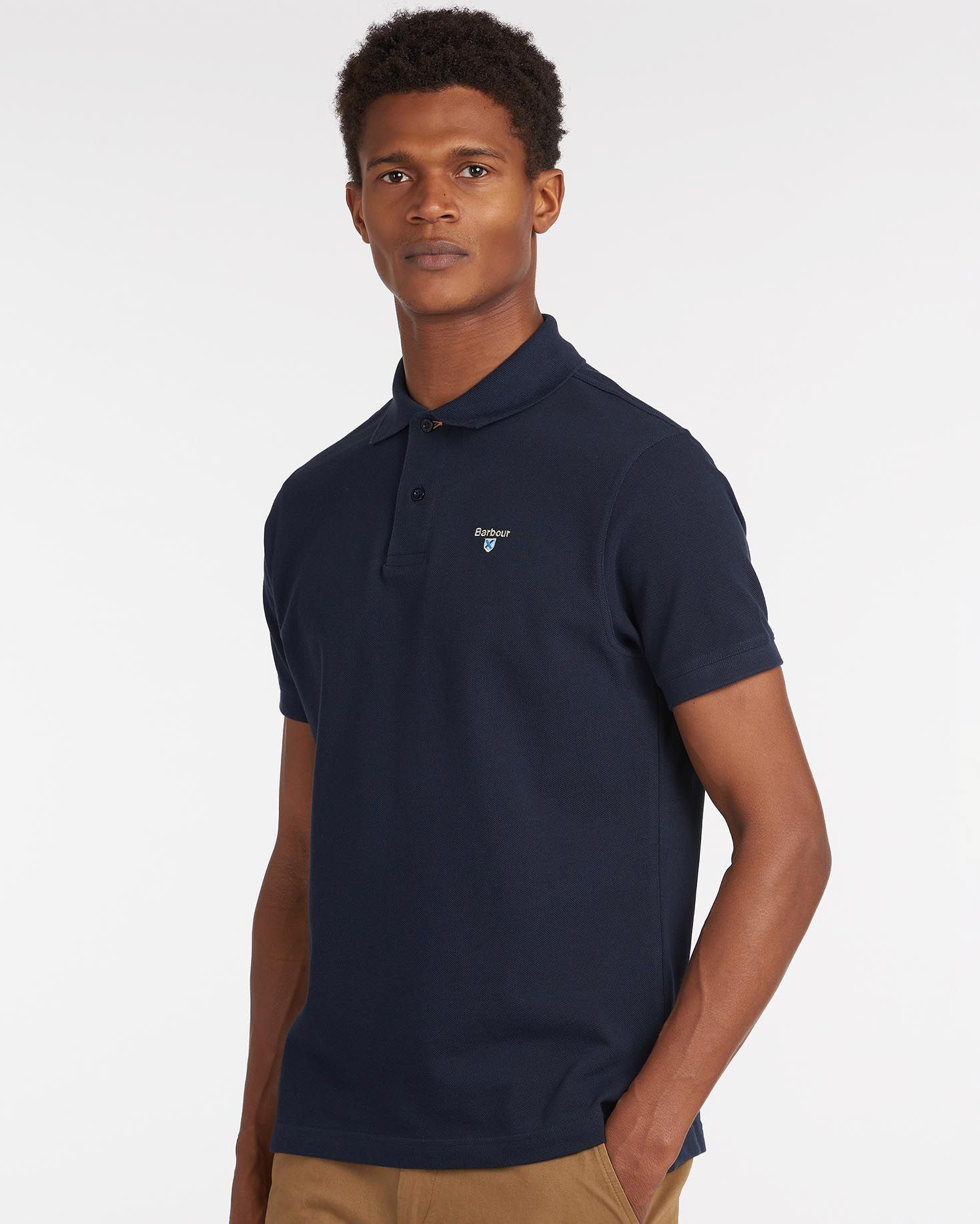 Polo blu mezza manica in piquè di cotone con dettaglio tartan check