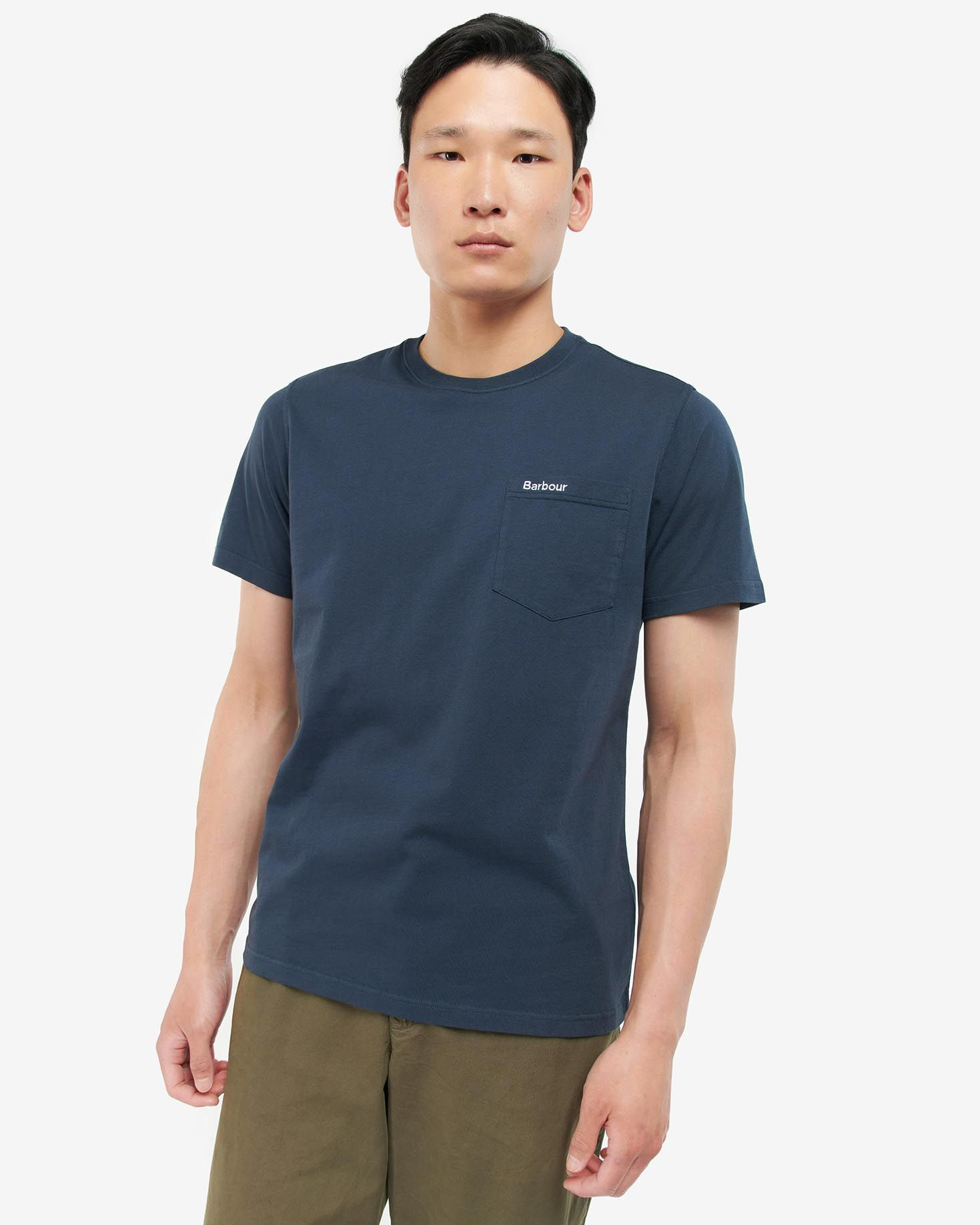 T-shirt blu mezza manica con taschino e logo ricamato