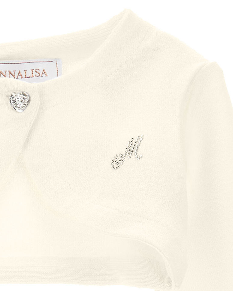 Bolero avorio in crêpe stretch con bottone gioiello e logo strass 4-10 anni