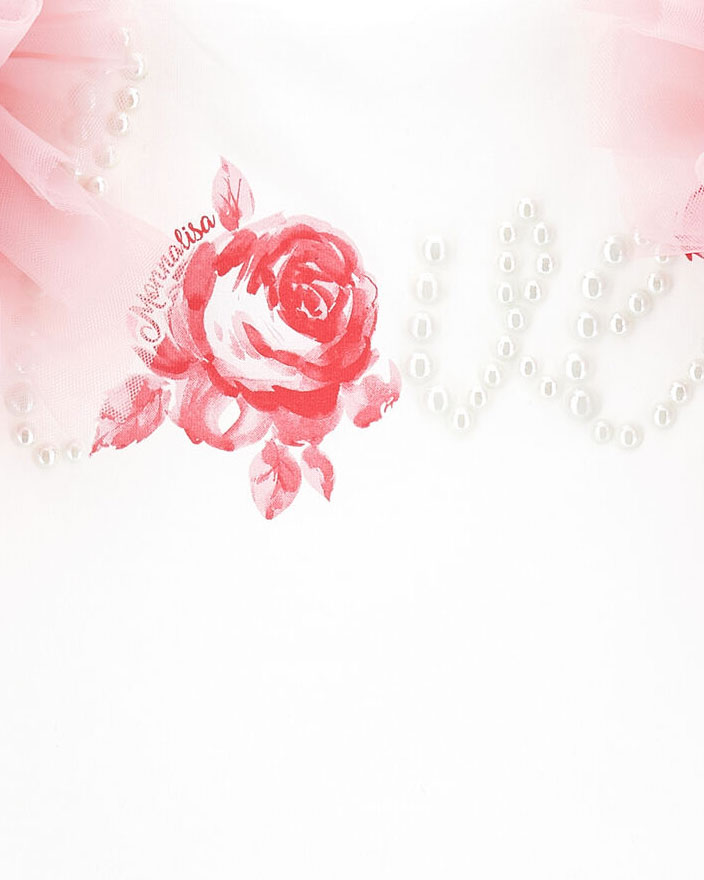 T-shirt bianca con maniche ad aletta in tulle rosa e scritta Love sul petto 4-12 anni