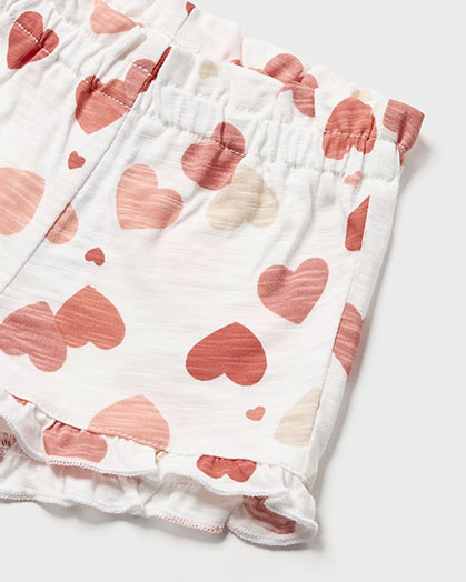 Completo composto da abitino albicocca e short bianchi in cotone con motivo micetto e cuori 4-9 mesi