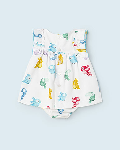 Abito bianco in cotone senza maniche con stampa uccellini e mutandina abbinata 6-18 mesi image