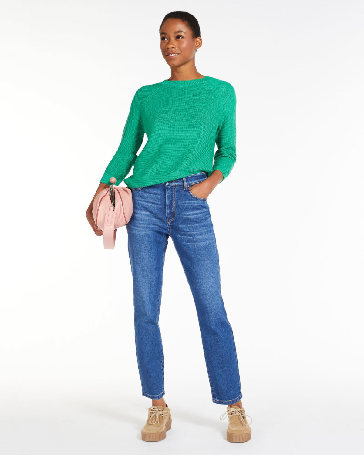 Jeans slim a vita media in cotone stretch lavaggio medio con baffature