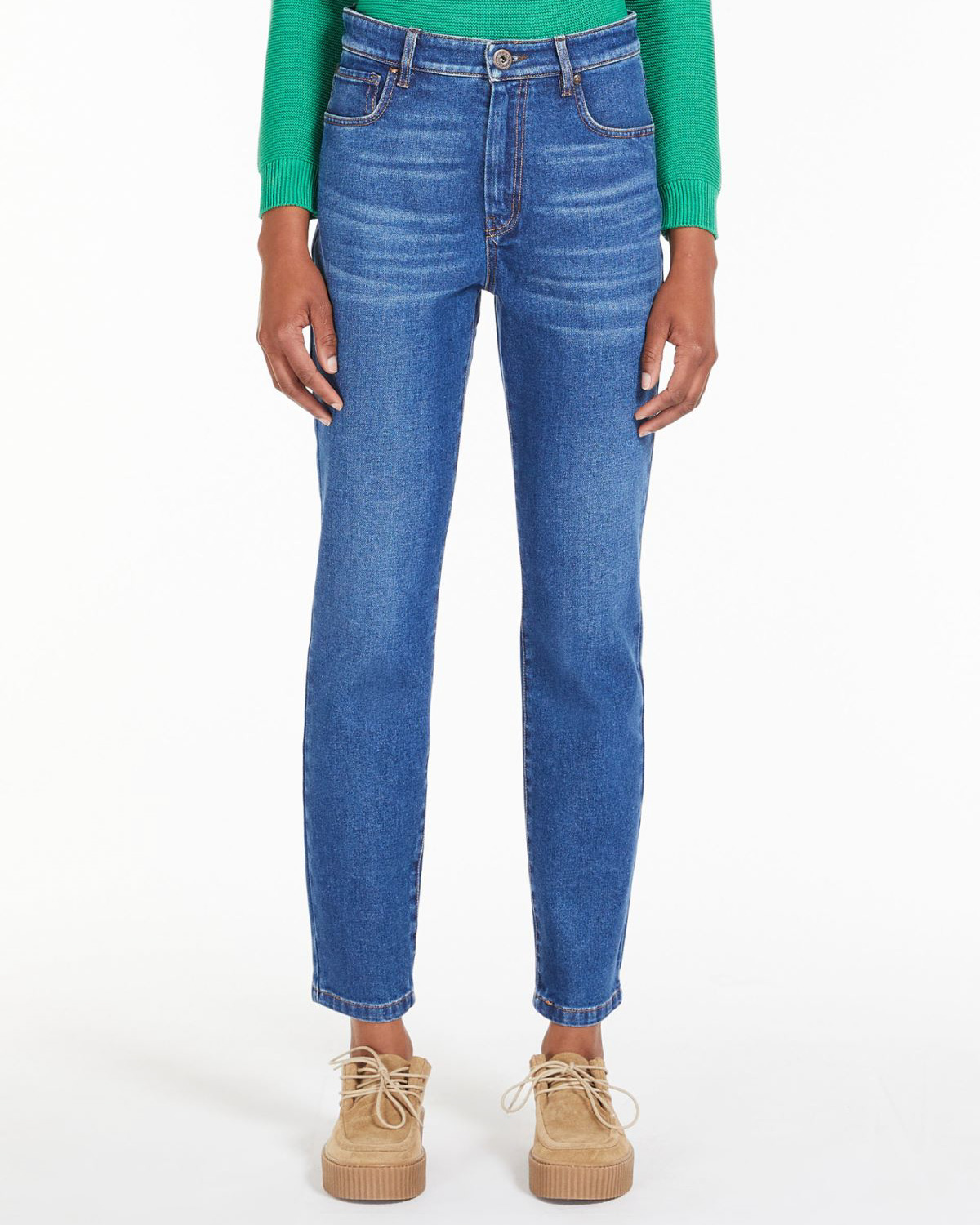 Jeans slim a vita media in cotone stretch lavaggio medio con baffature image