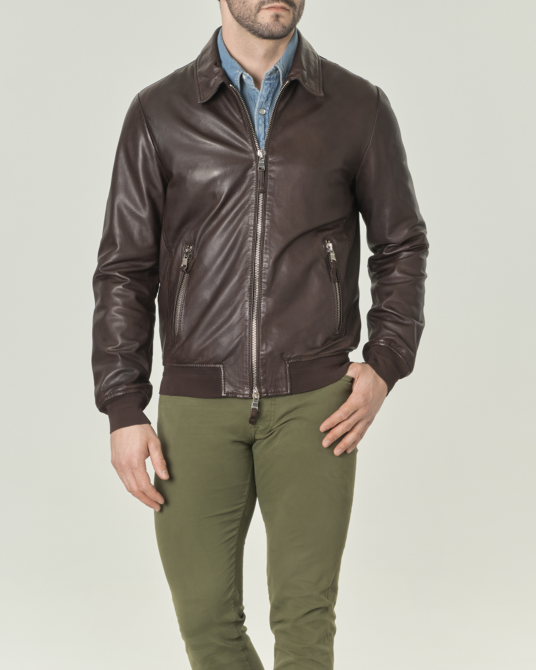 Giacca bomber in pelle color testa di moro con colletto a camicia