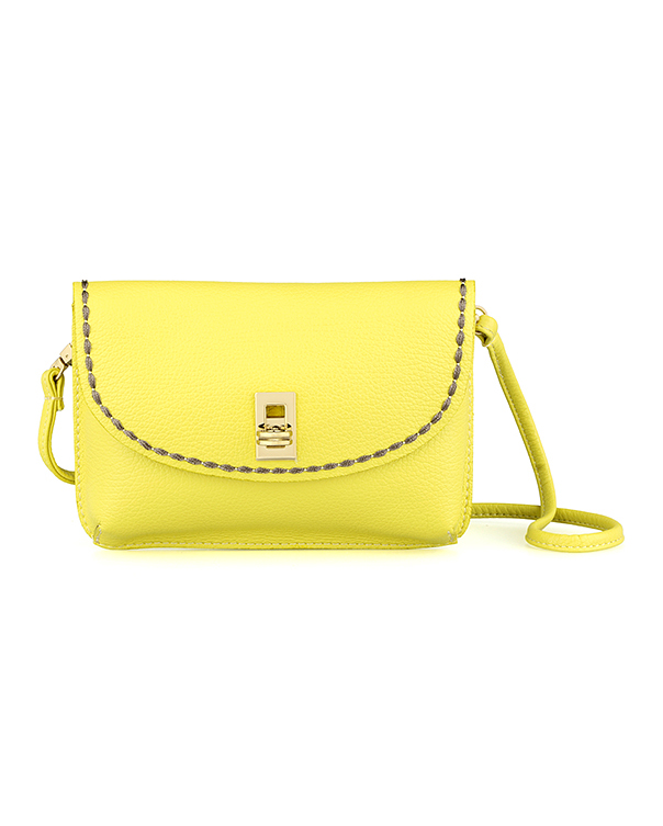 Pochette gialla in pelle con chiusura a girello e tracolla removibile