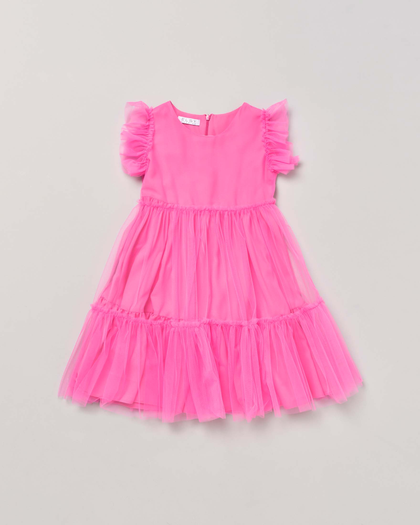 Abito fucsia in tulle a balze con rouches sulle maniche 2 anni