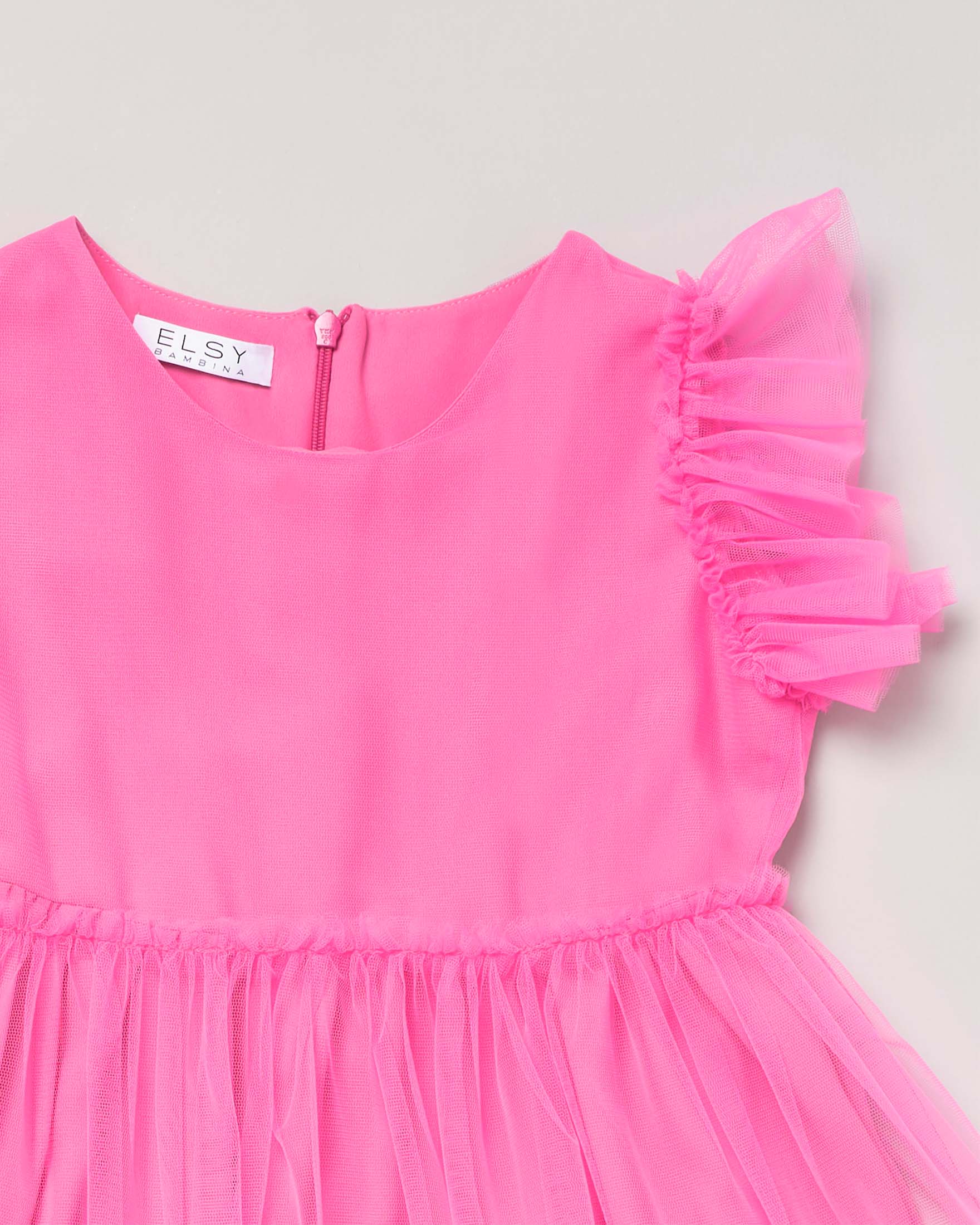 Abito fucsia in tulle a balze con rouches sulle maniche 2 anni