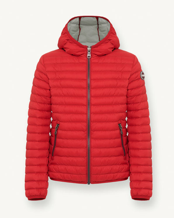 Piumino rosso con cappuccio e interno grigio 