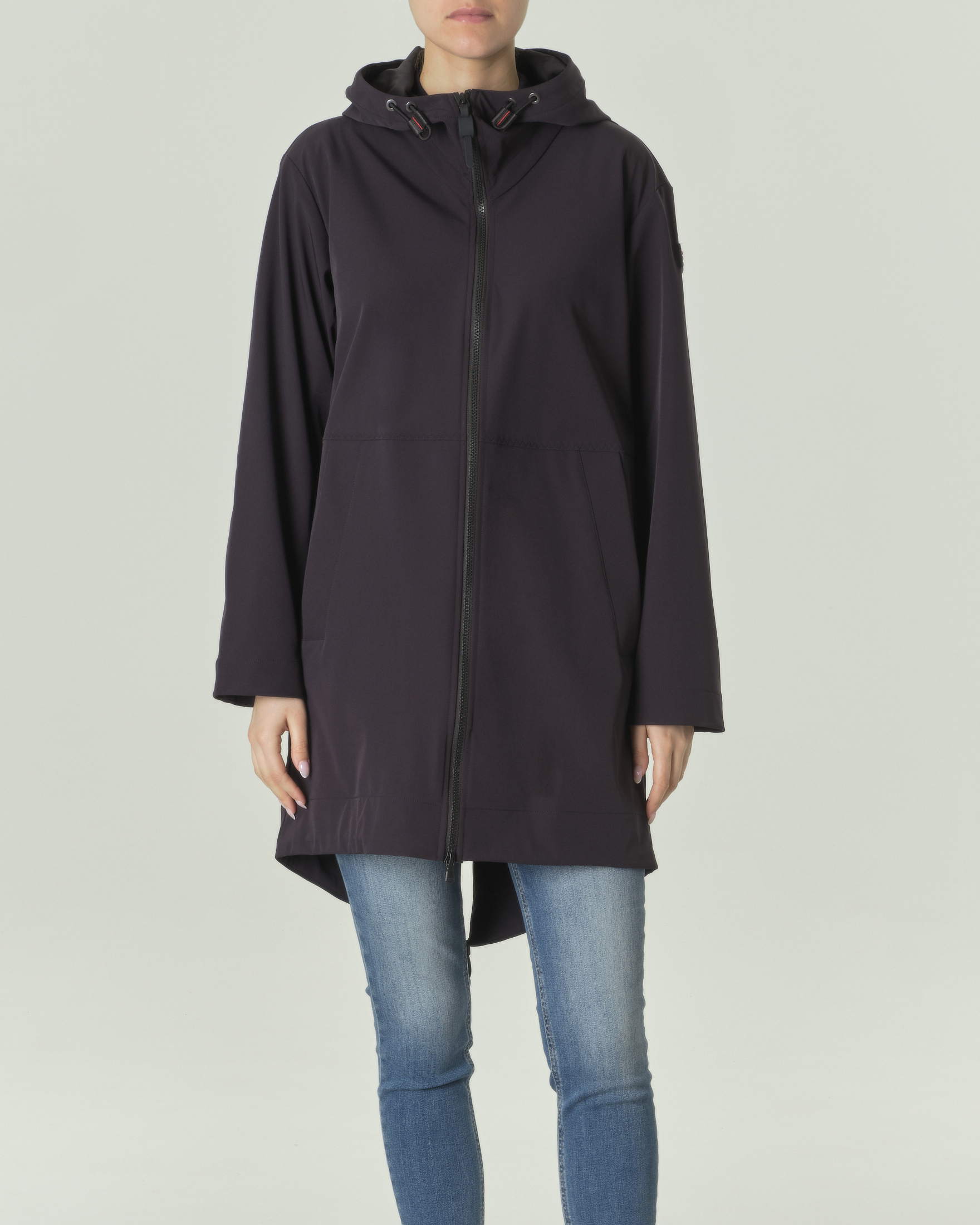 Parka blu in nylon stretch accoppiato con cappuccio e fondo a coda di rondine