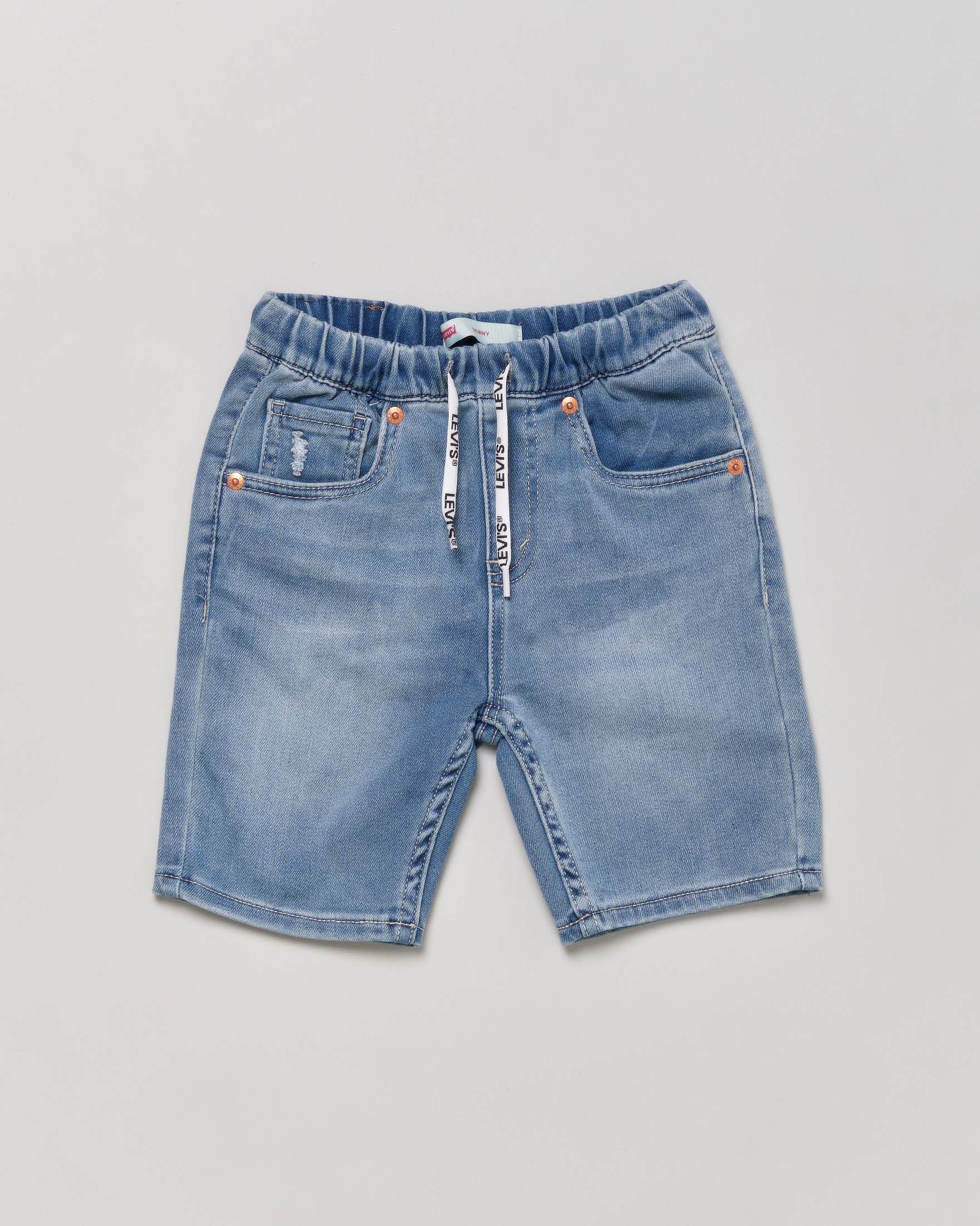 Bermuda in denim di cotone lavaggio medio stone washed con coulisse in vita 