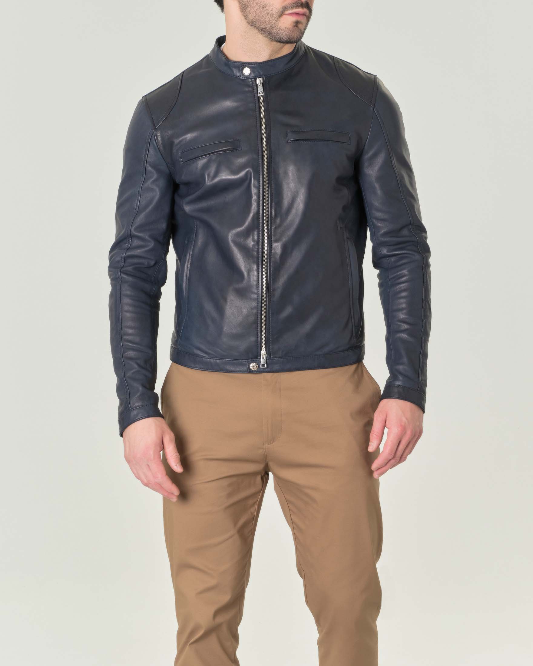 Giubbino biker blu in pelle con collo a coreana