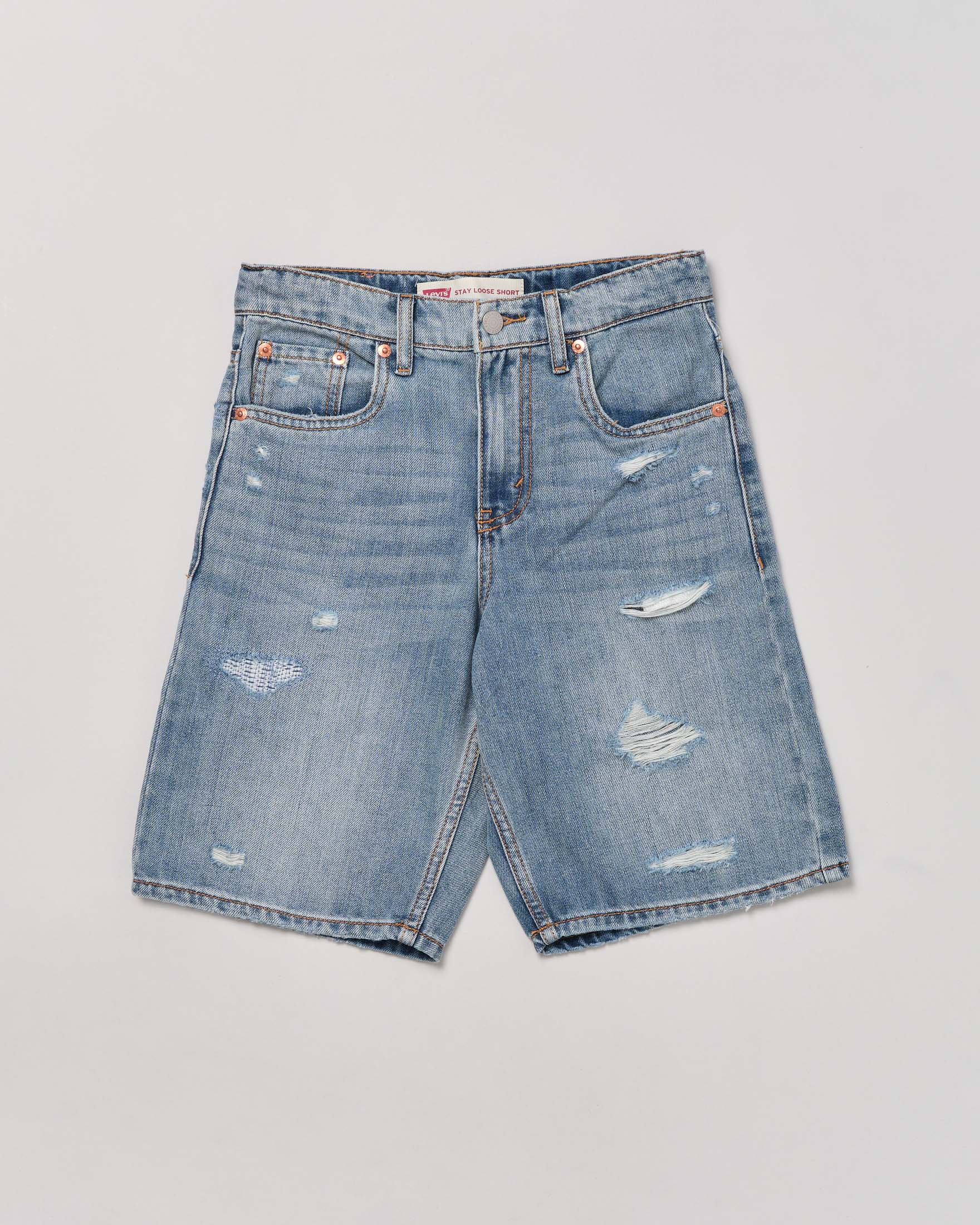 Bermuda in denim blu lavaggio chiaro con rotture ed abrasioni 10-16 anni