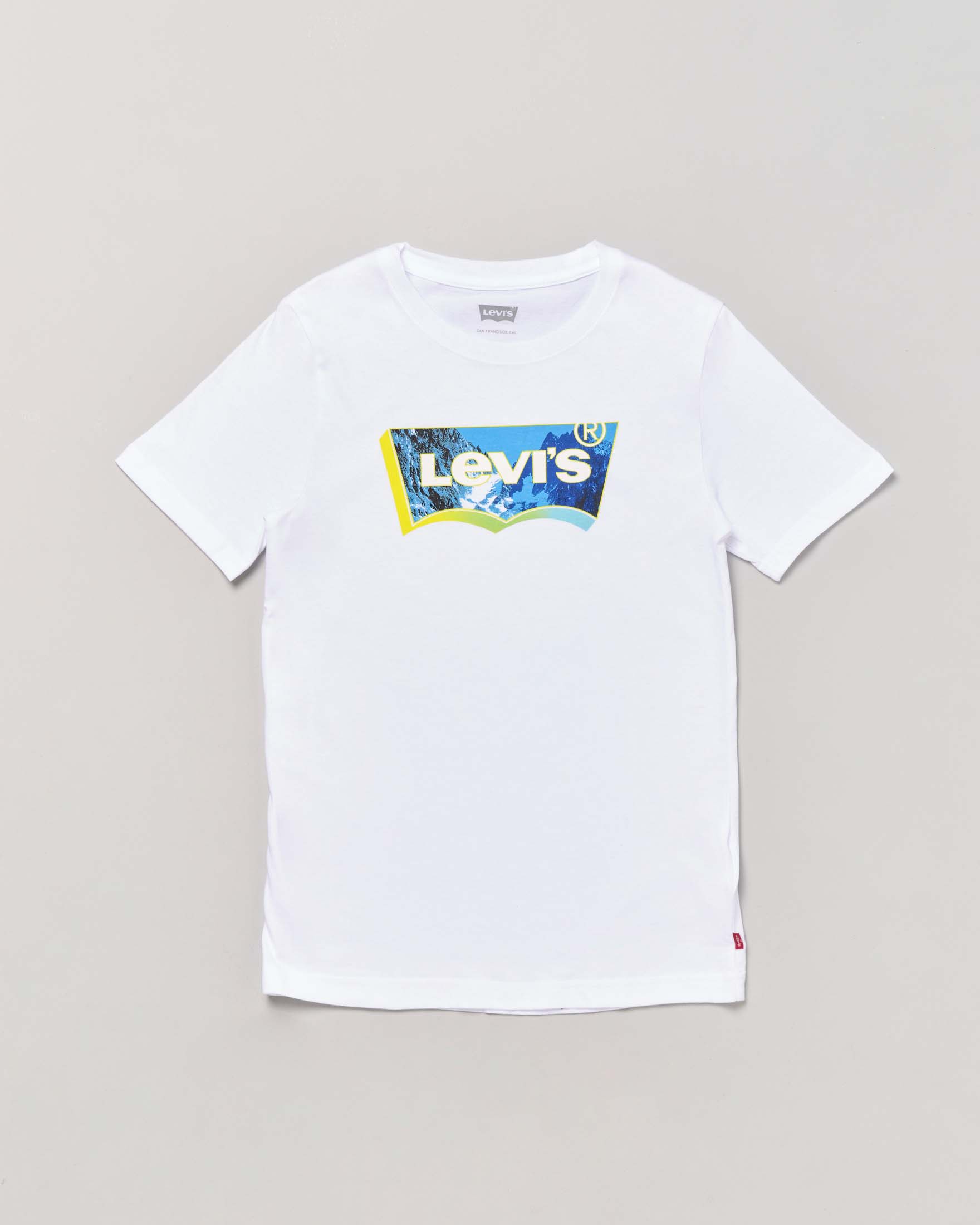 T-shirt bianca in cotone a mezza manica con logo batwing 3D in grafica montagna azzurra 10-16 anni