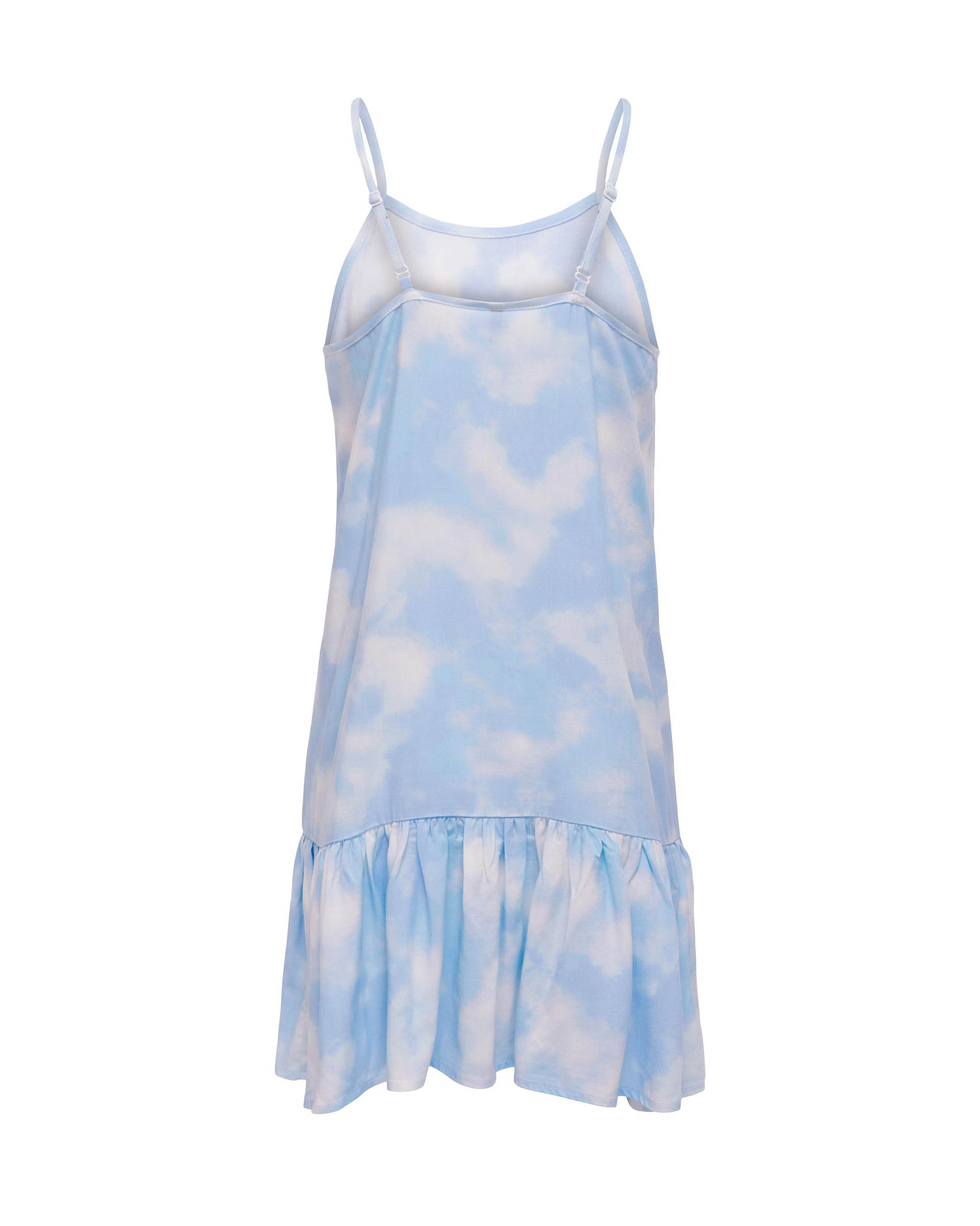 Abito azzurro a fantasia nuvole con spalline sottili e balza al fondo 8-14 anni image