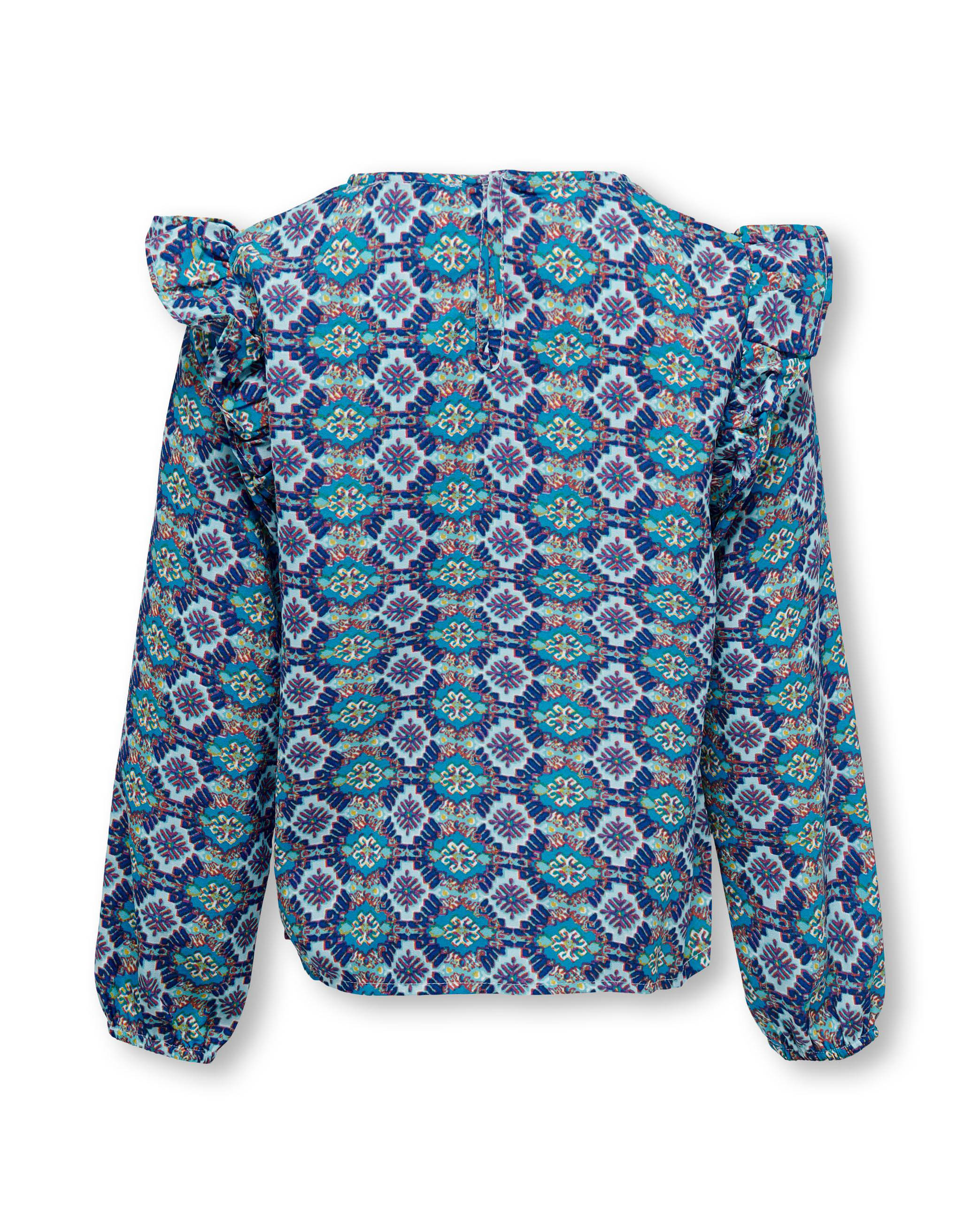 Blusa blu e azzurra in chiffon a fantasia ceramica con volant sulle spalle 10-14 anni image