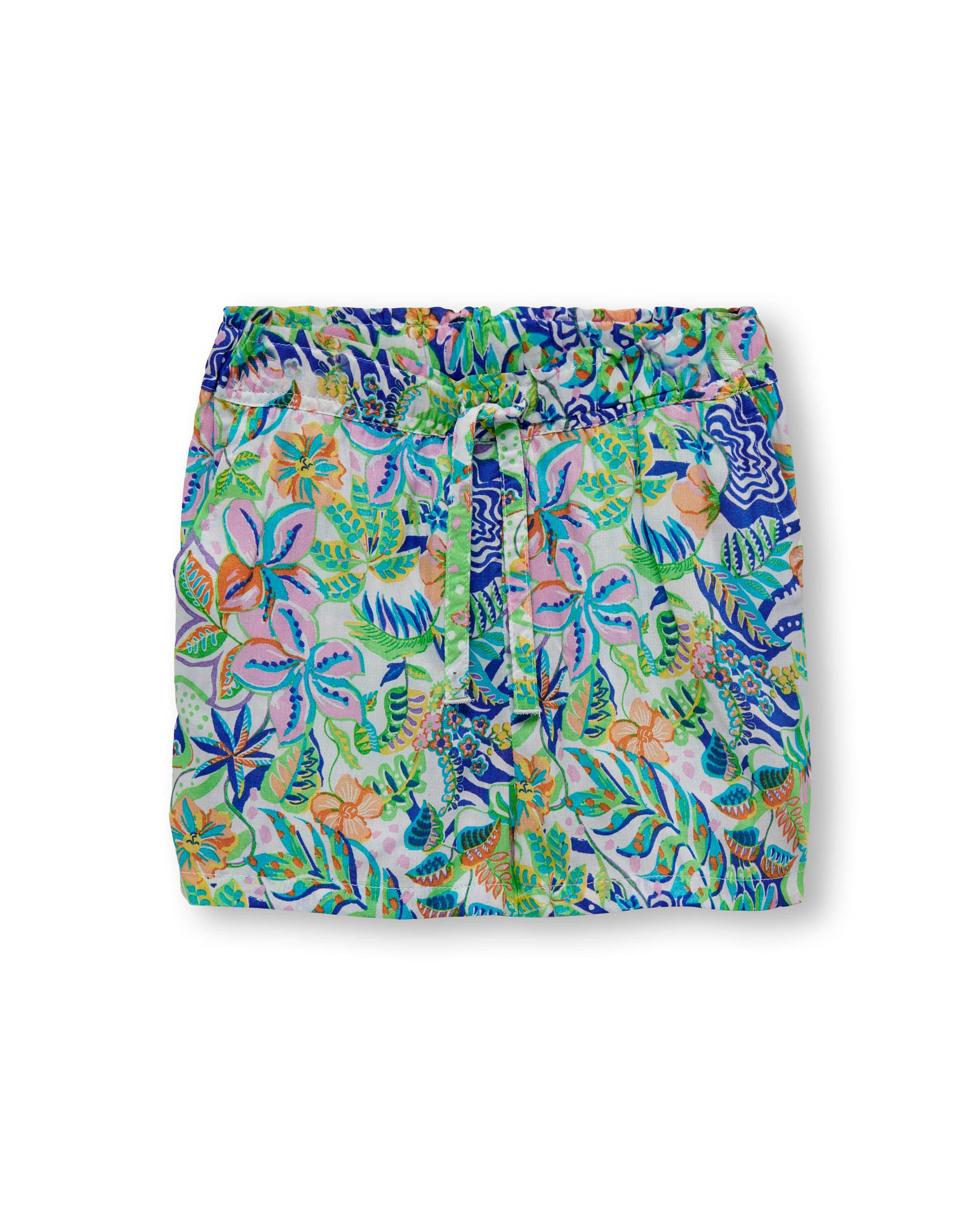 Short multicolor a fantasia tropicale in viscosa con coulisse in vita 2-7 anni