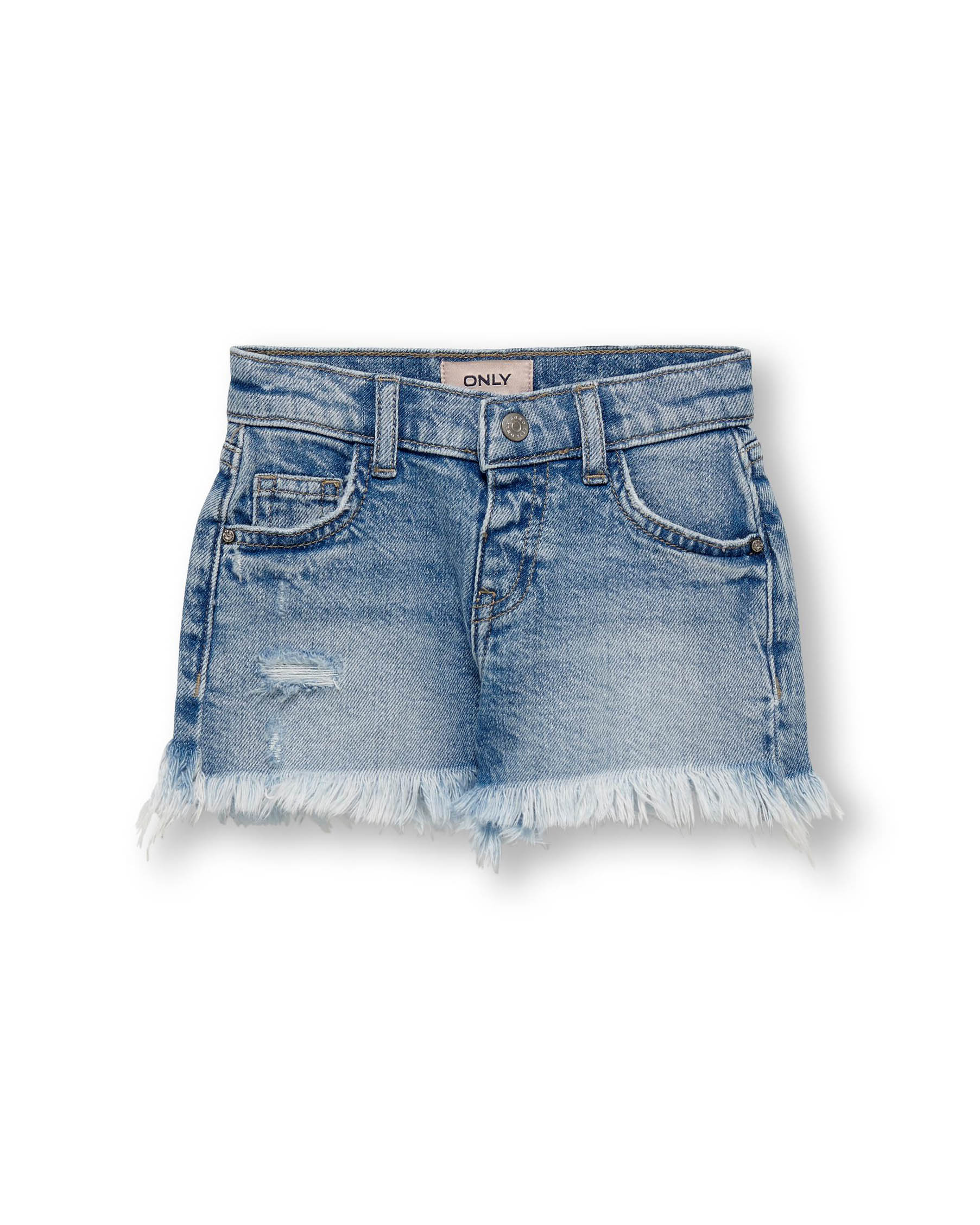 Short blu in denim di cotone stretch lavaggio medio con orli sfrangiati 2-7 anni