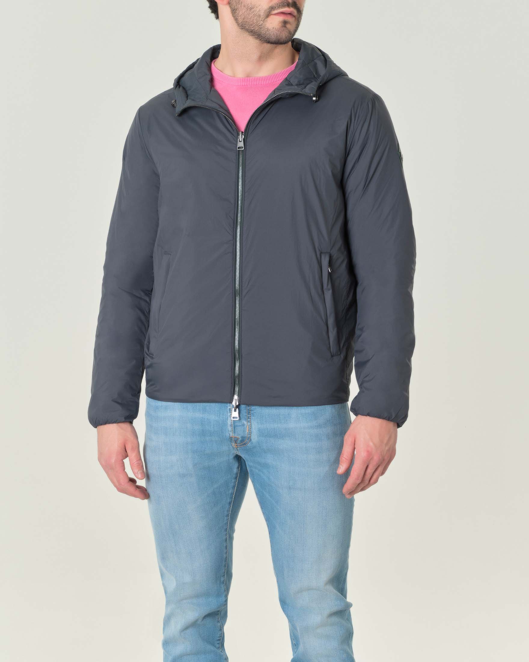 Giubbino Aron ottanio in nylon liscio reversibile in trapuntatura a rombi con cappuccio