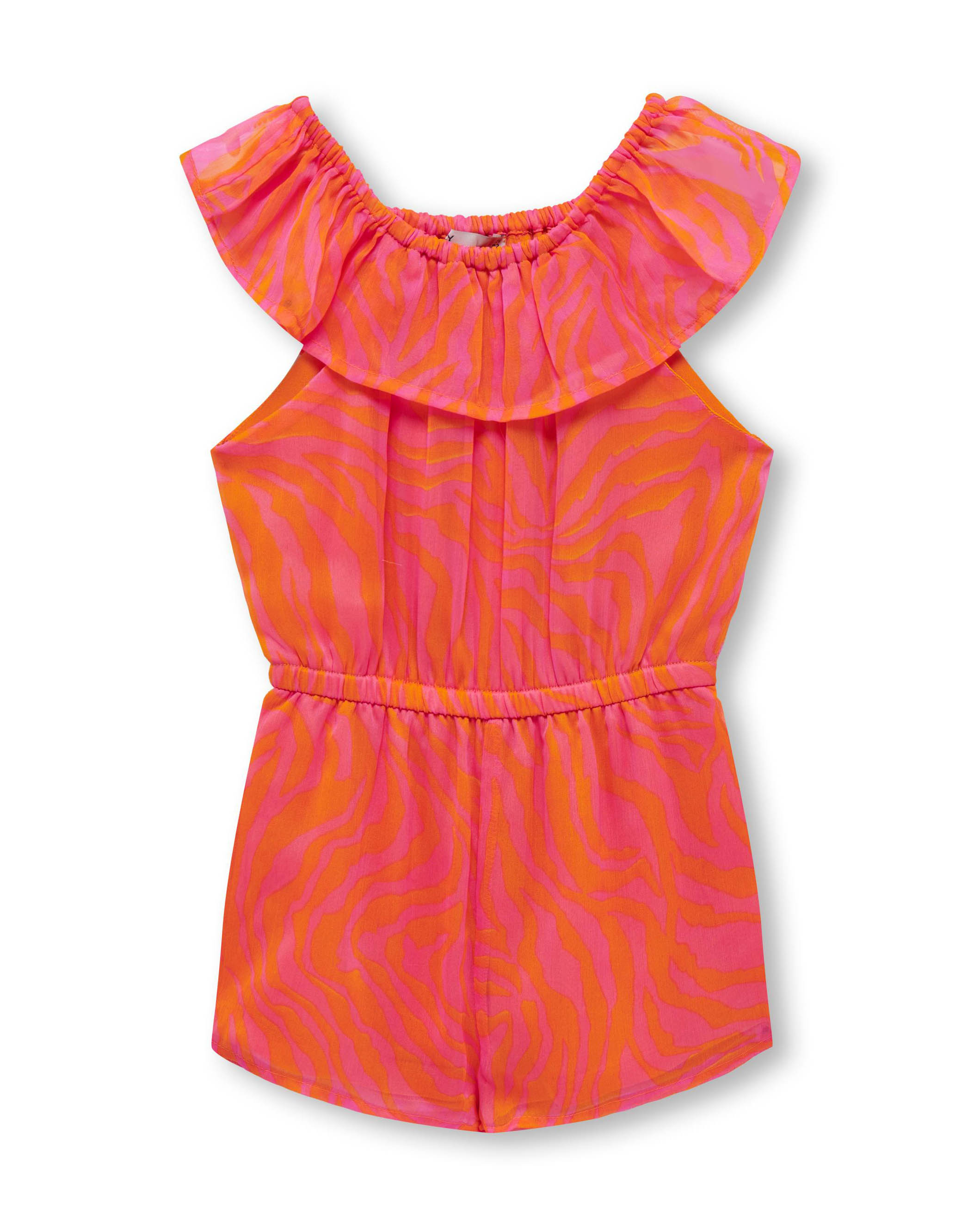 Tutina arancione e fucsia in chiffon a fantasia zebrata con volant sullo scollo 2-7 anni