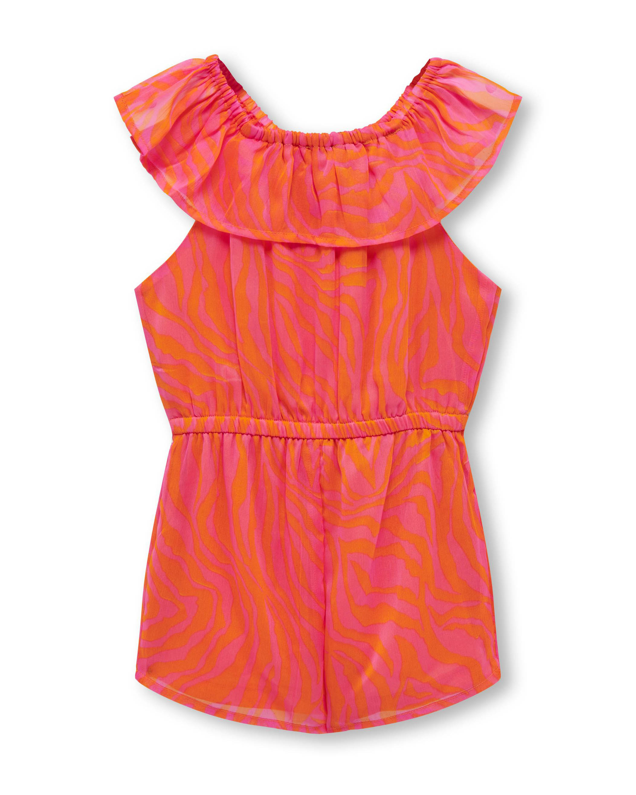 Tutina arancione e fucsia in chiffon a fantasia zebrata con volant sullo scollo 2-7 anni image