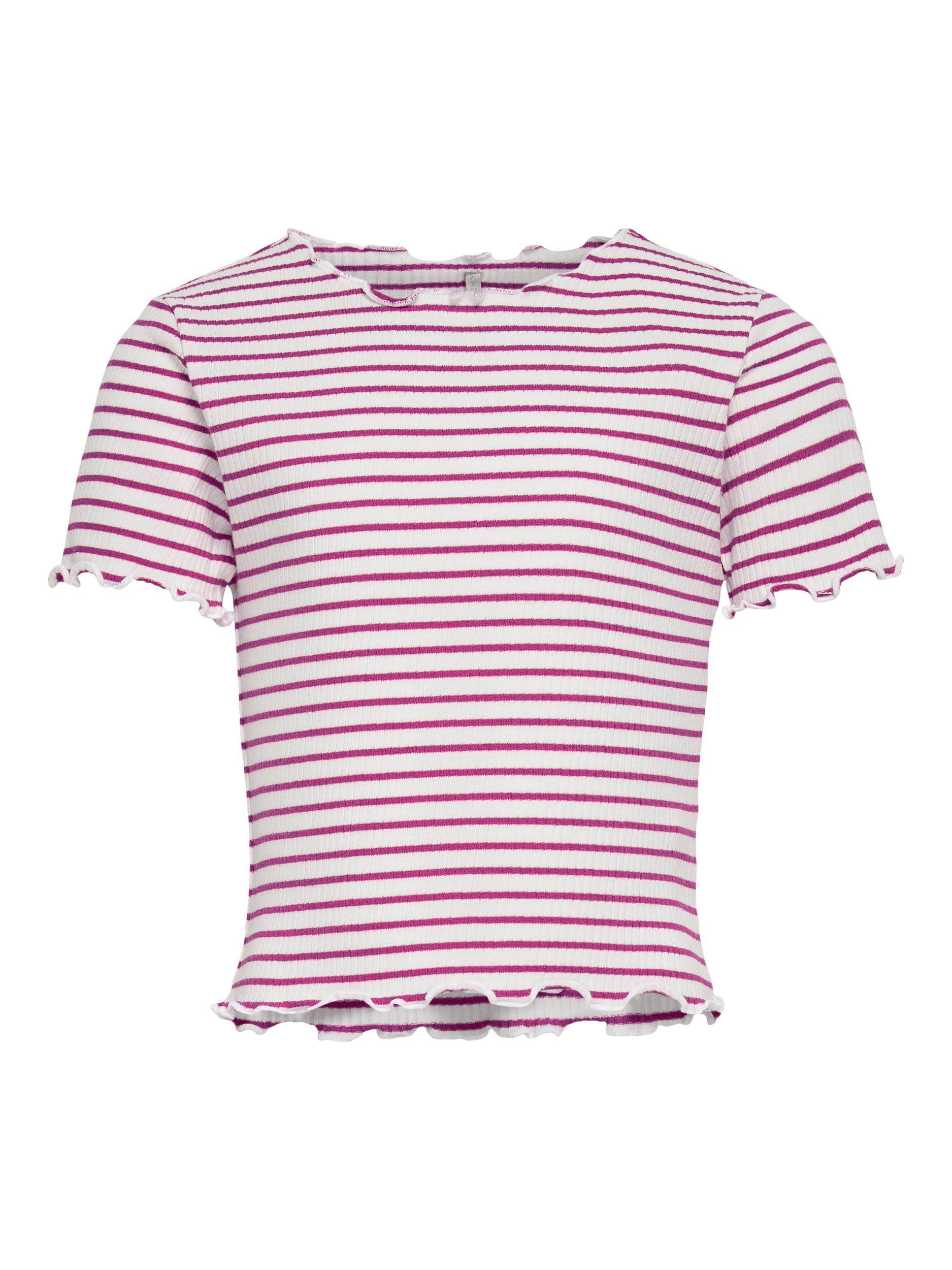 T-shirt bianca a righe fucsia in cotone stretch a costine con orli ondulati 2-7 anni