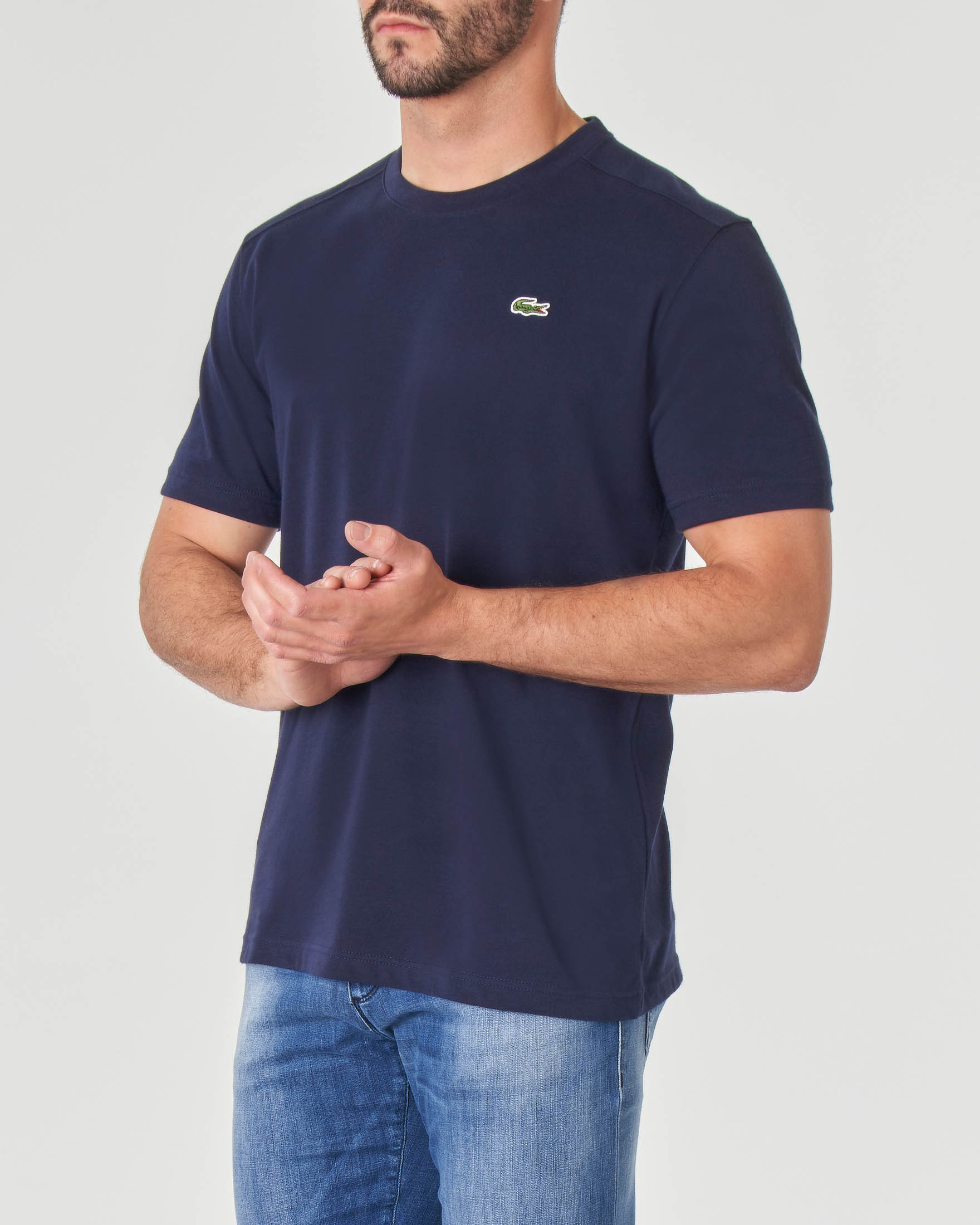 T-shirt blu mezza manica con logo coccodrillo ricamato
