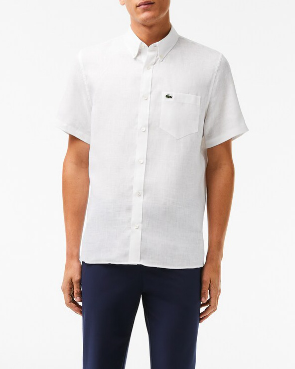 Camicia bianca mezza manica button down in puro lino con taschino