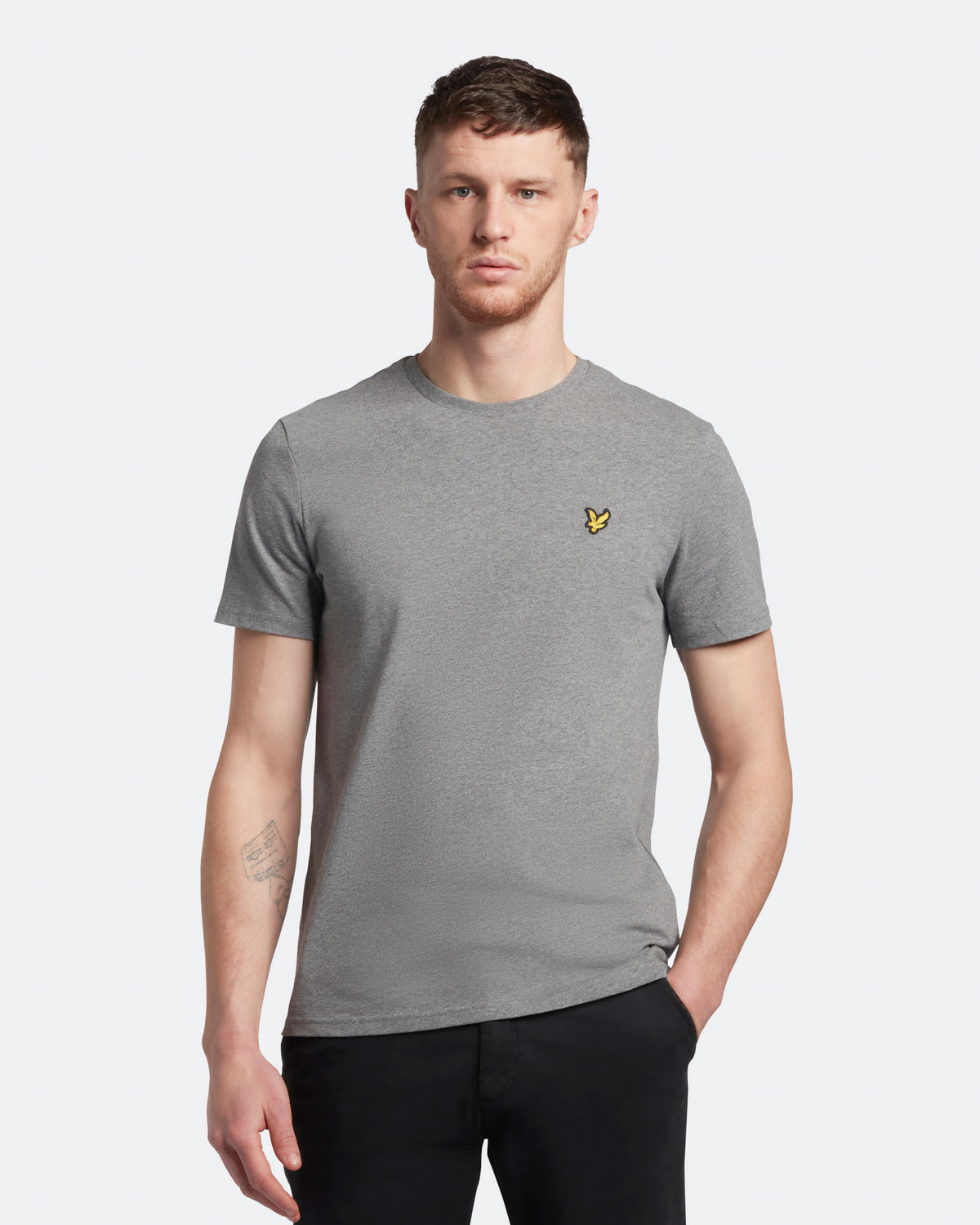 T-shirt mezza manica grigia in cotone con logo aquila gialla ricamata sul petto
