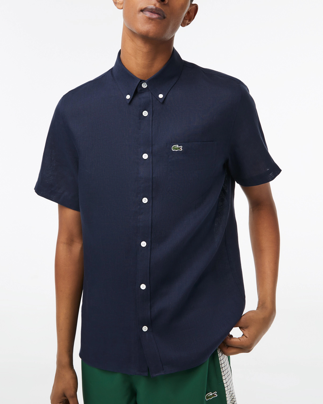 Camicia blu mezza manica button down in puro lino con taschino