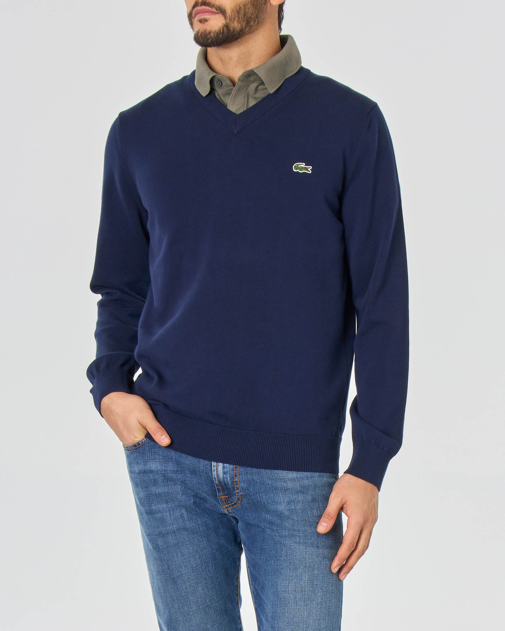Maglia Lacoste blu scollo a V in puro cotone
