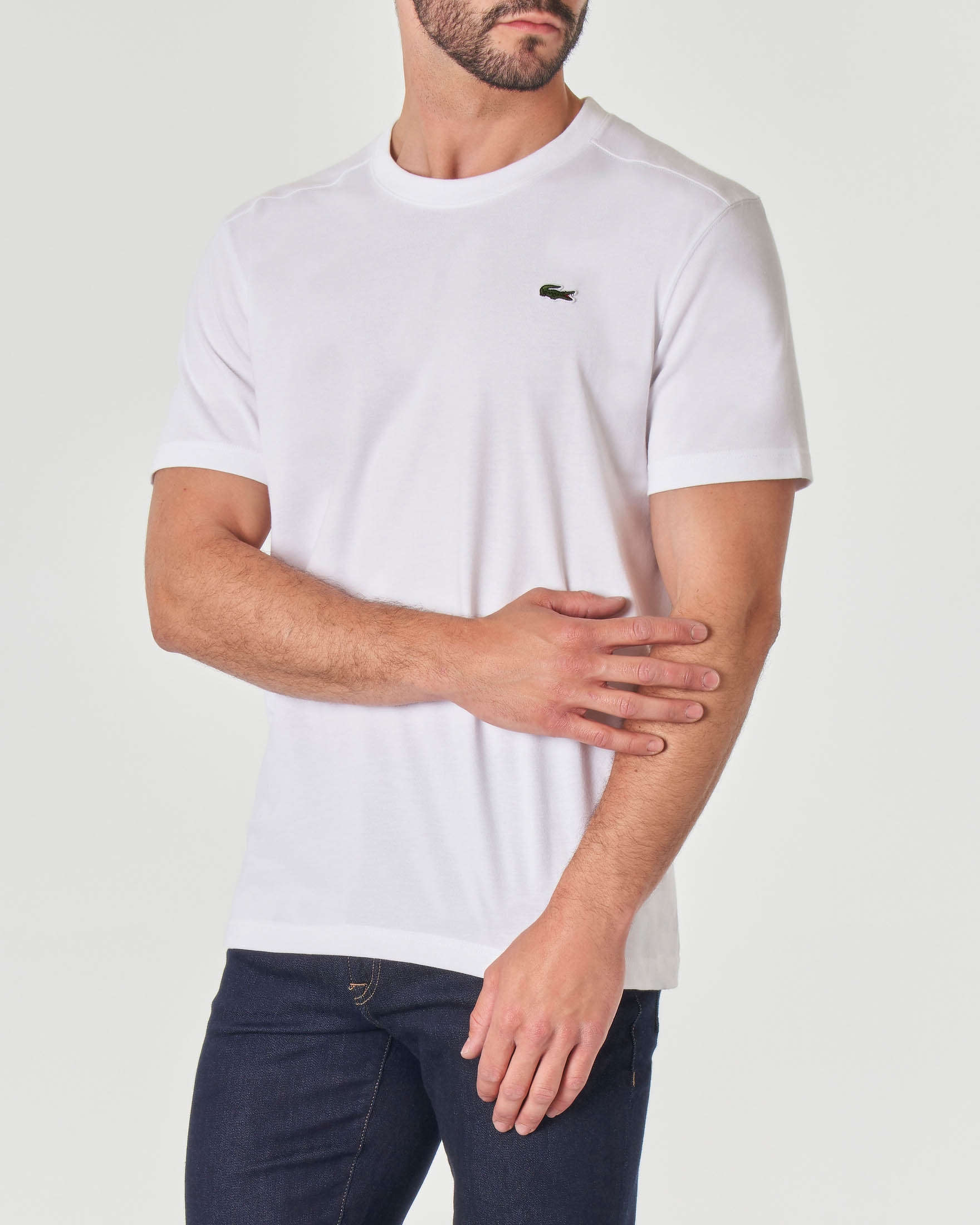 T-shirt bianca mezza manica con logo coccodrillo ricamato