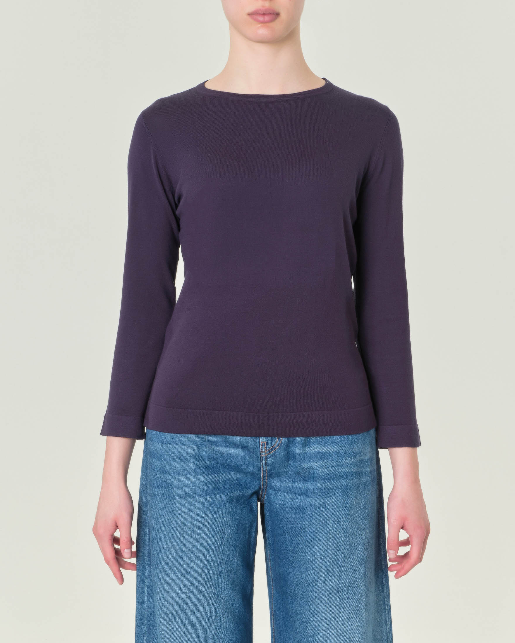 Maglia blu tinta unita in viscosa con scollo tondo e maniche lunghe