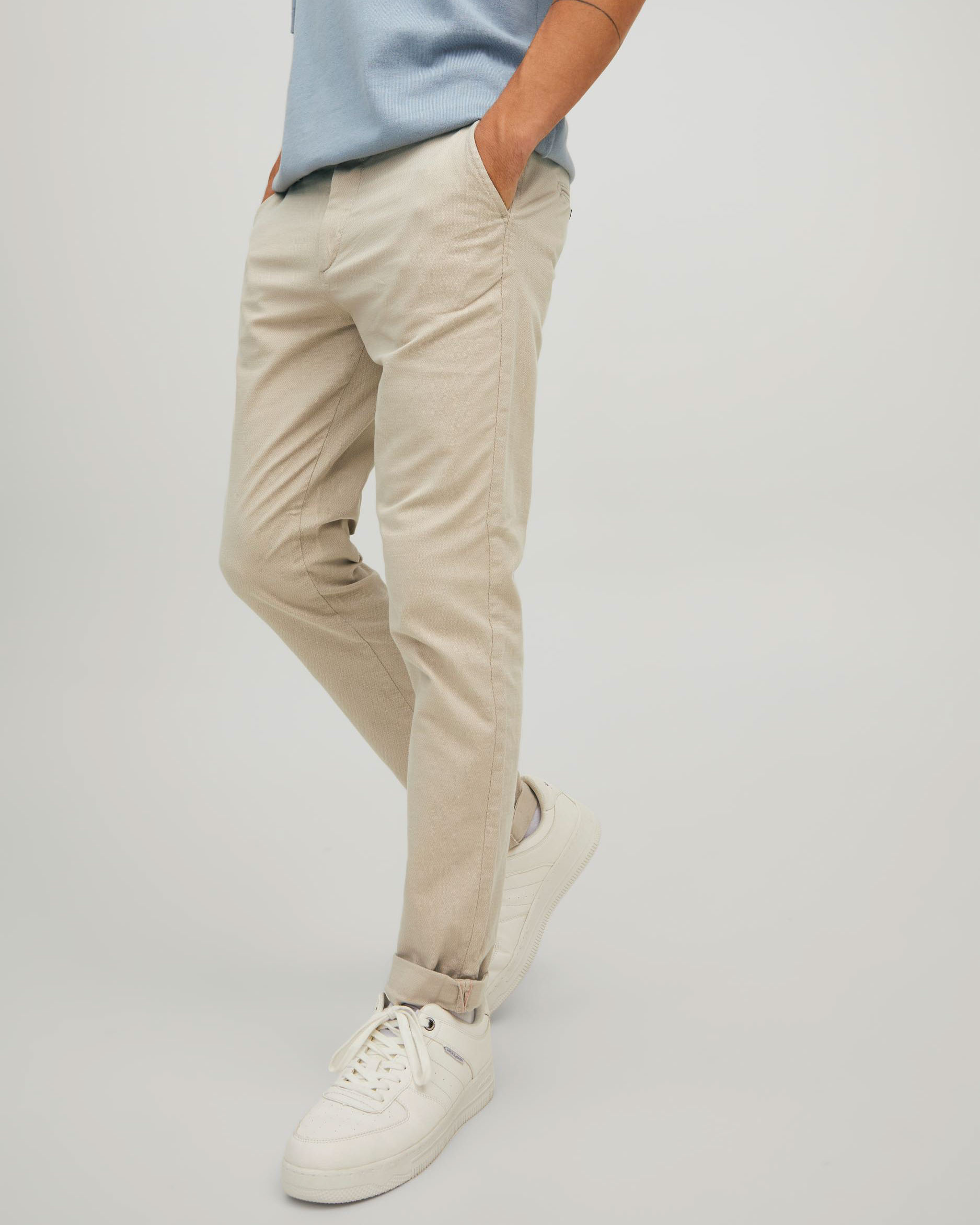 Pantalone chino in cotone stretch micro armatura bicolore beige e bianca