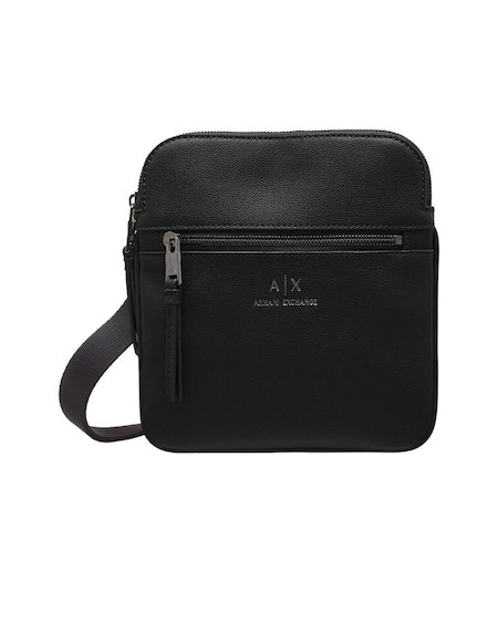 Borsa a tracolla Armani Exchange nera in similpelle martellata con tasca a parete esterna