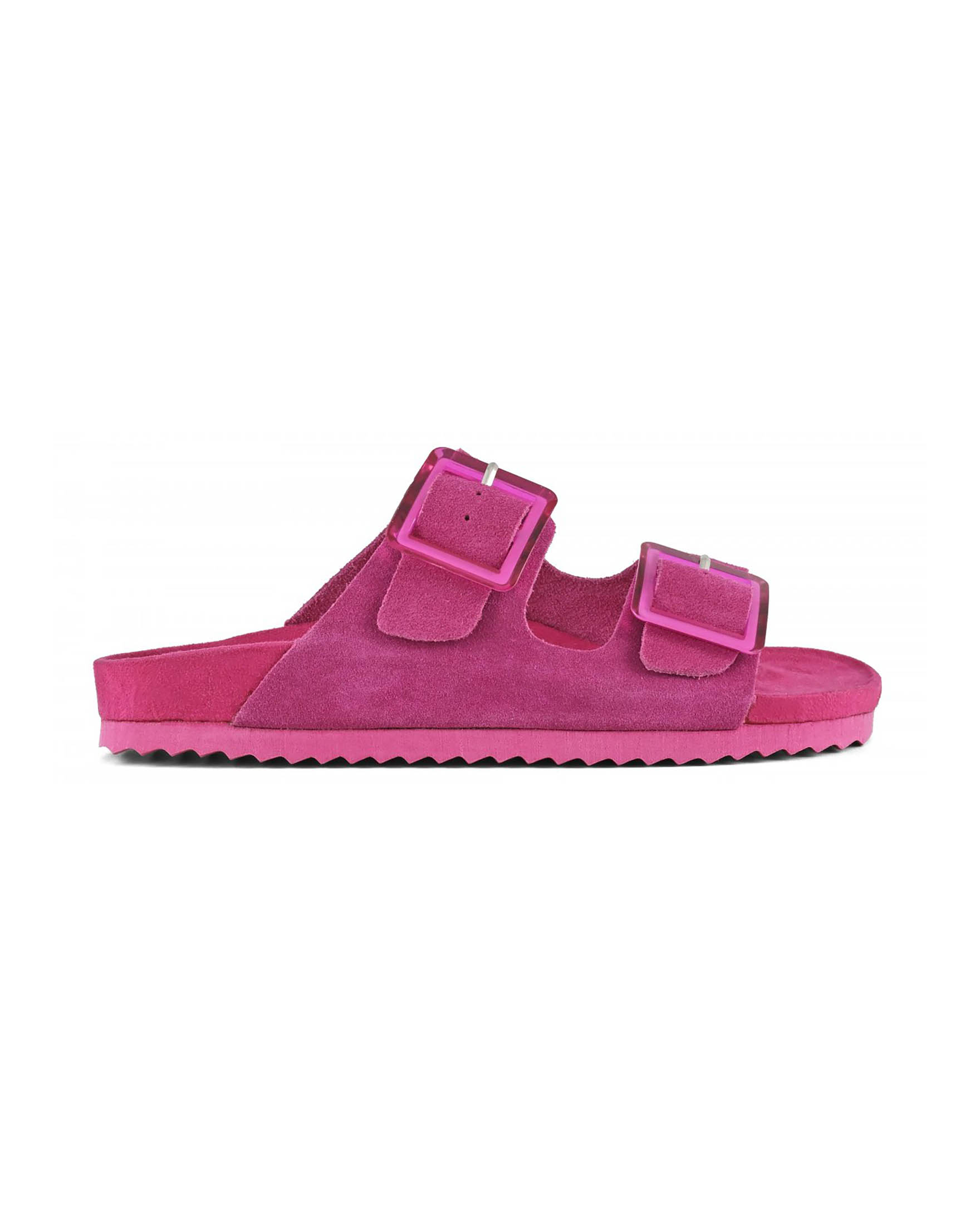 Sandali color fucsia in suede con doppia fascetta e fibbie di chiusura tono su tono