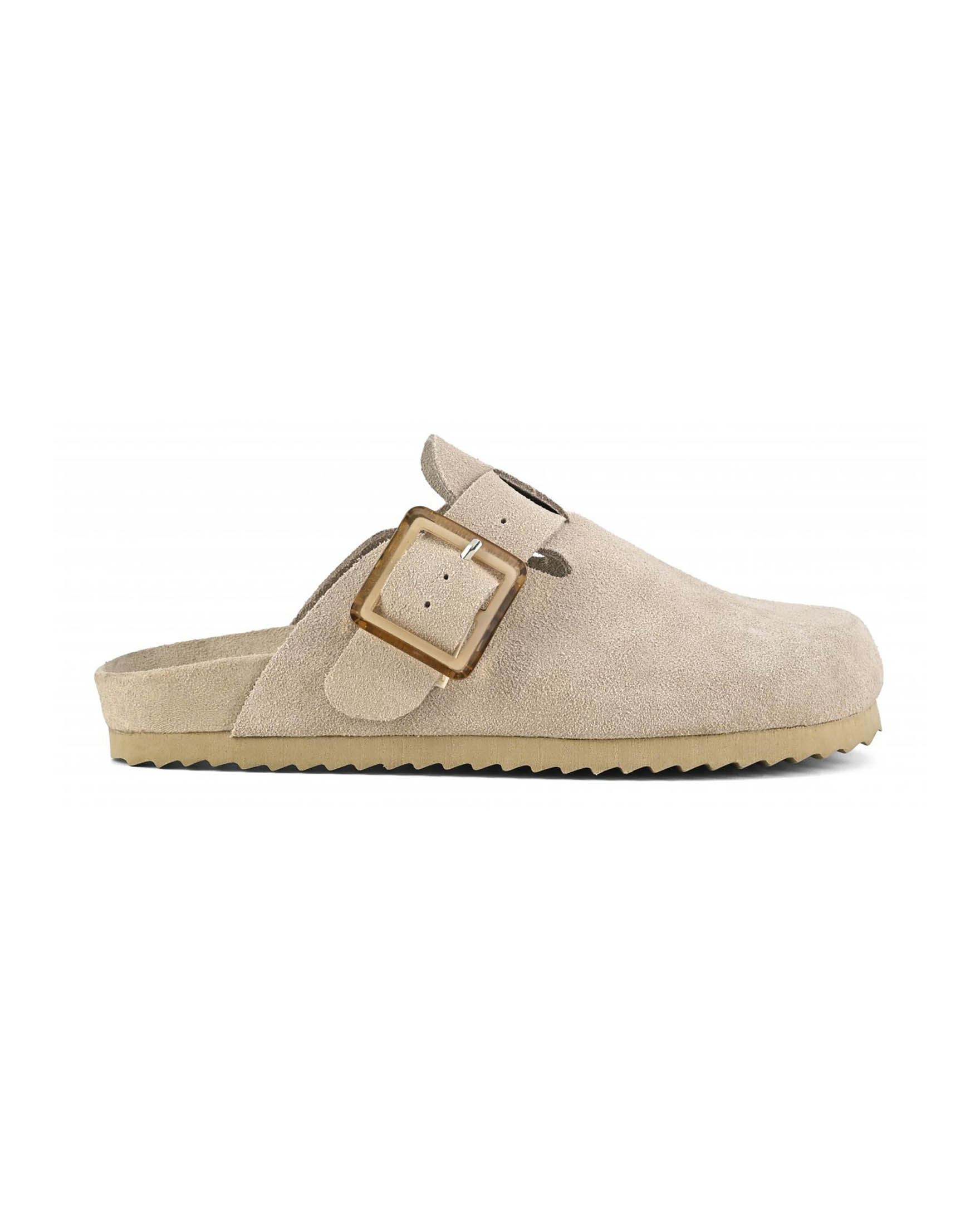 Sandali sabot color sabbia in suede con fibbia laterale di chiusura tono su tono