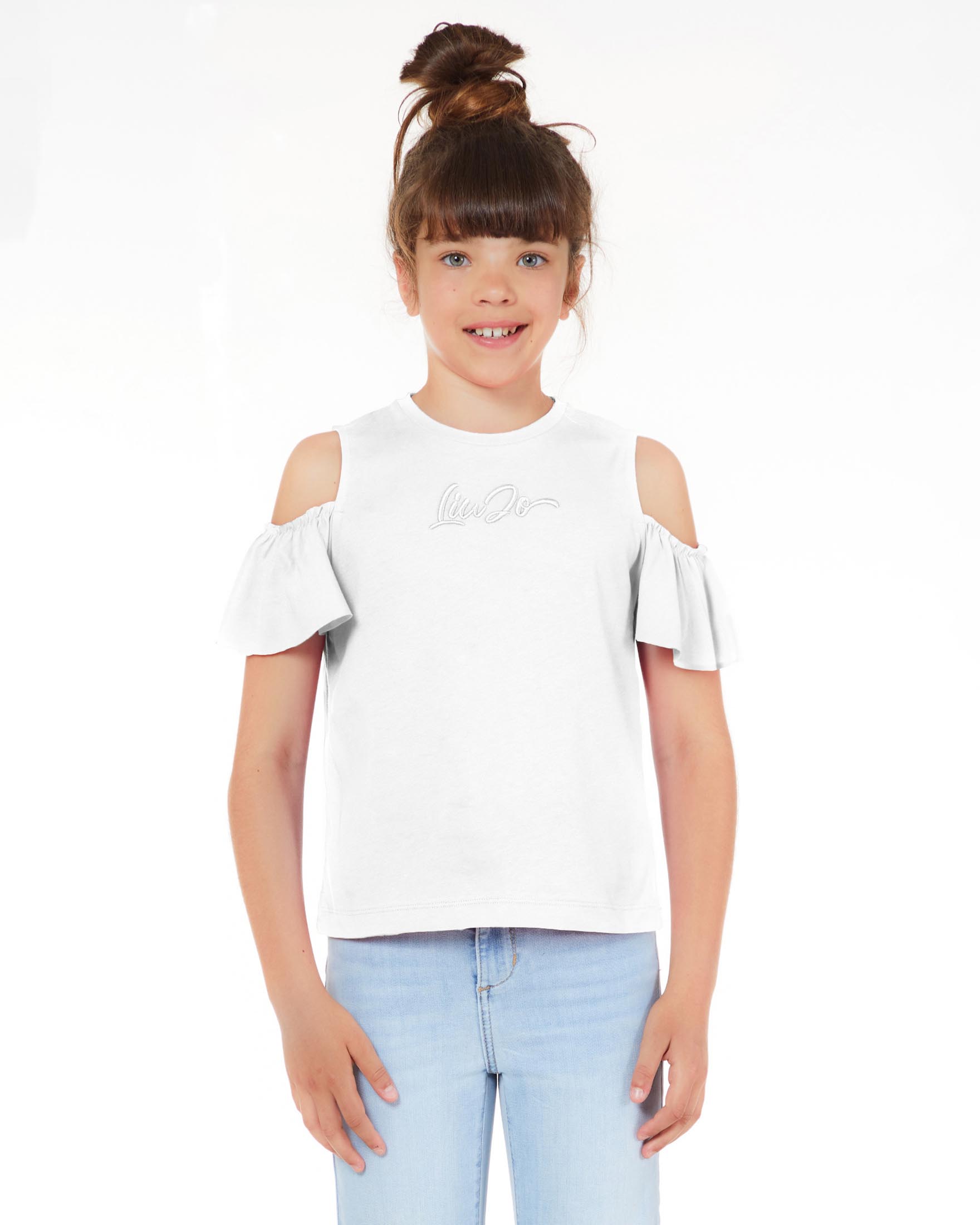 T-shirt avorio in cotone a spalla scoperta con volant 8-16 anni