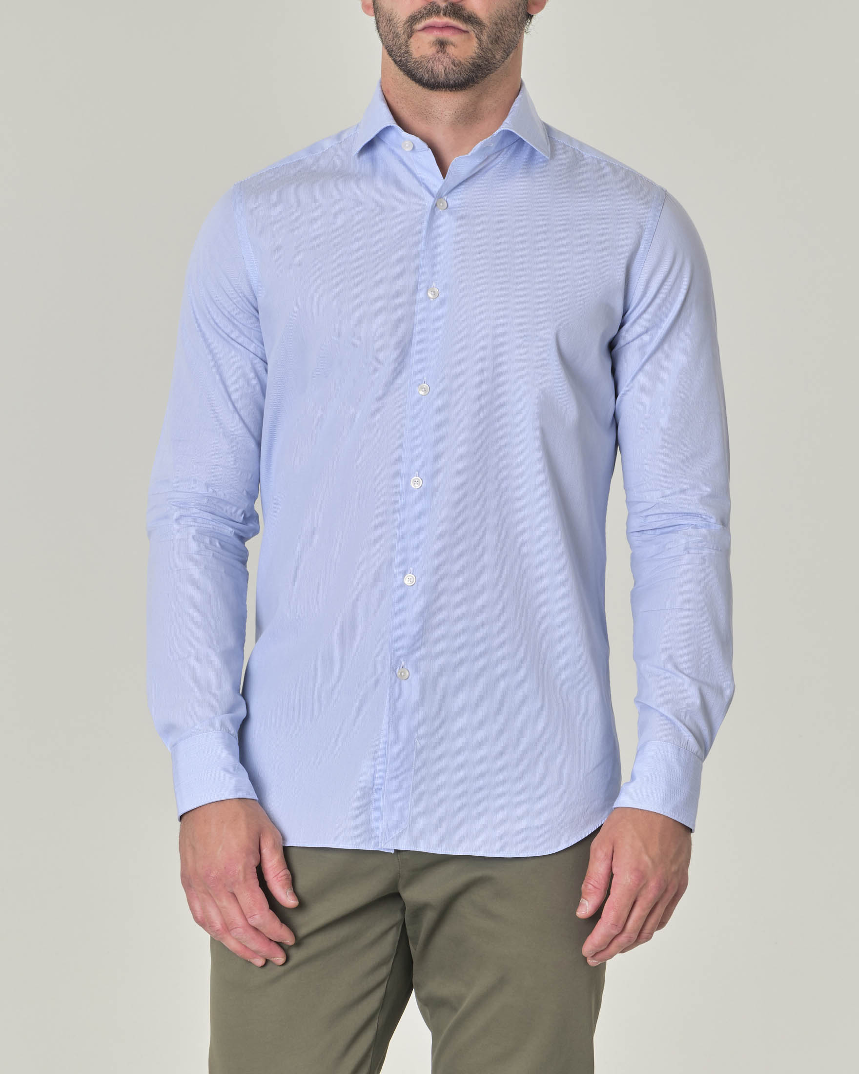 Camicia azzurra e bianca in popeline di puro cotone millerighe con colletto alla francese