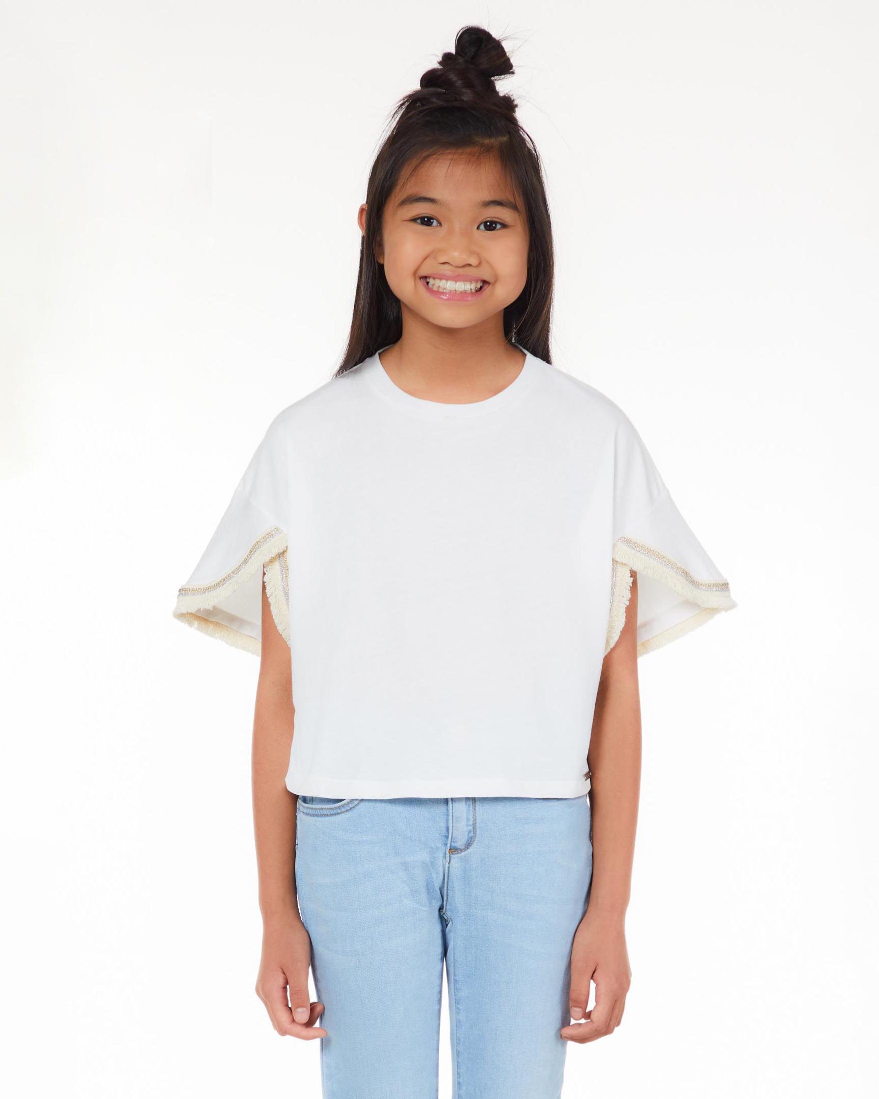 T-shirt bianca in cotone stretch con maniche corte a sbuffo 8-14 anni