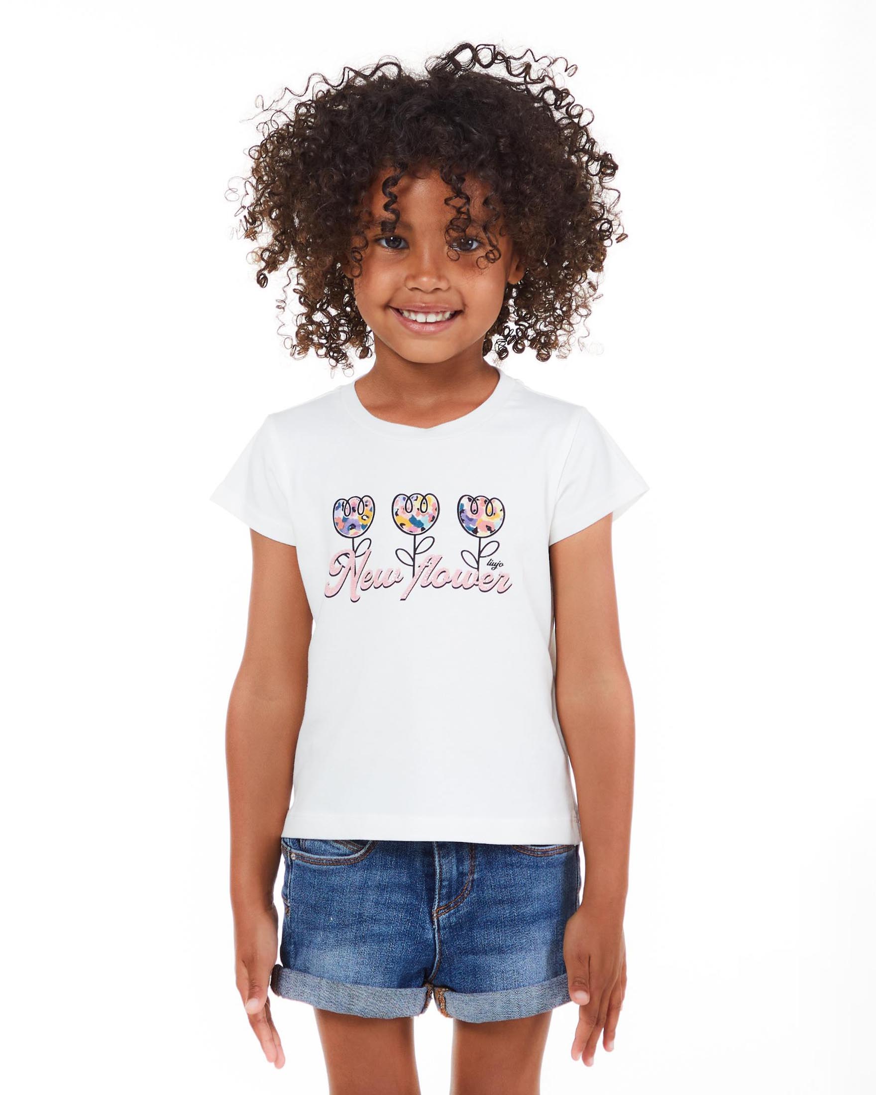 T-shirt bianca in cotone stretch a mezza manica con stampa floreale 3-7 anni