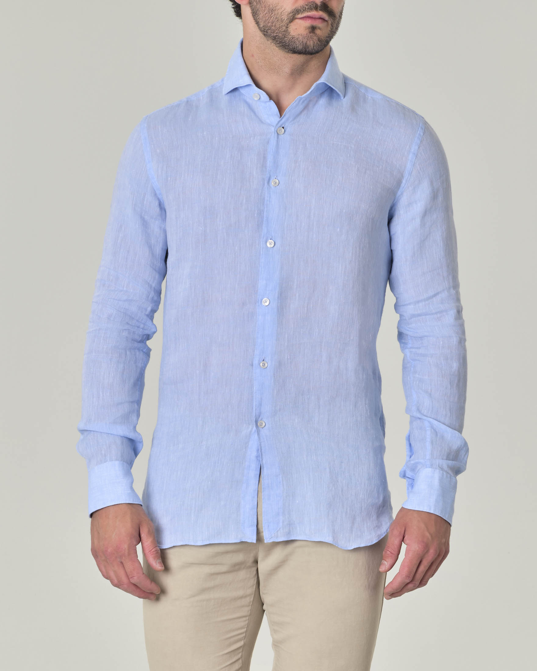 Camicia azzurra in puro lino con colletto alla francese